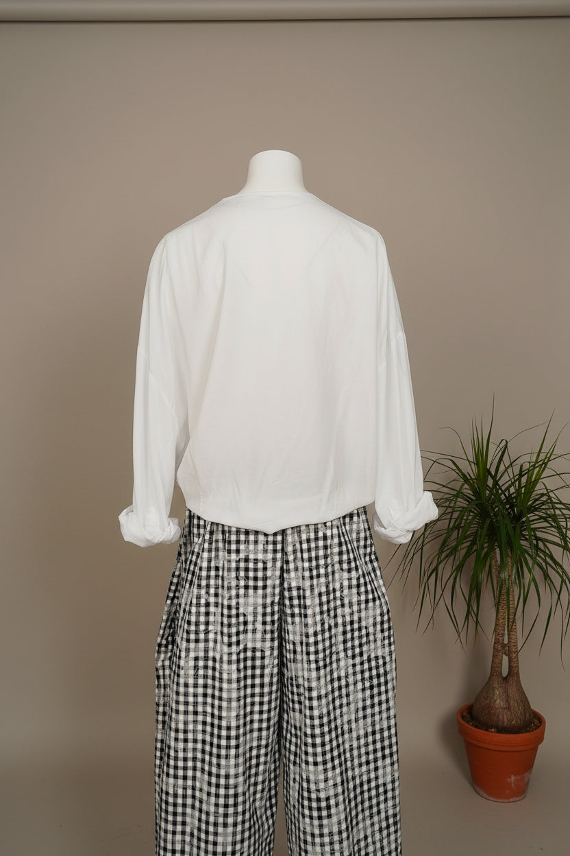 blusa cruzada de wendy trendy con efecto globo y panatalon cuadro vichy