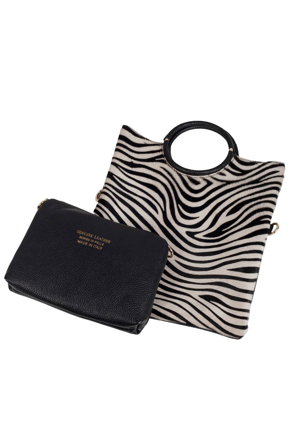 Bolso de piel estampado de cebra con un bolso pequeño en el interior también en piel LYKKE