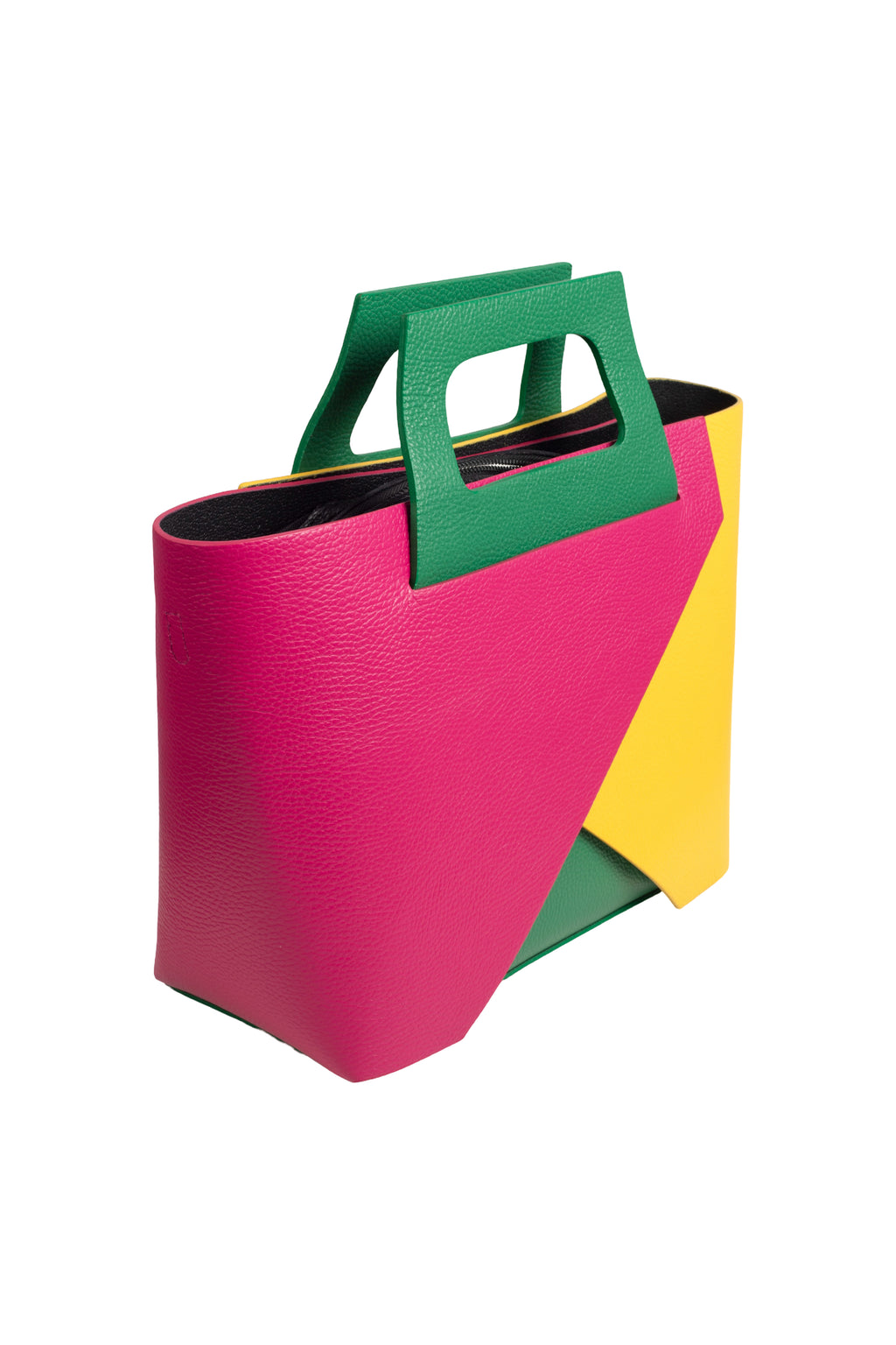 Bolso Multicolor Cuero Geométrico Fucsia Amarillo Verde