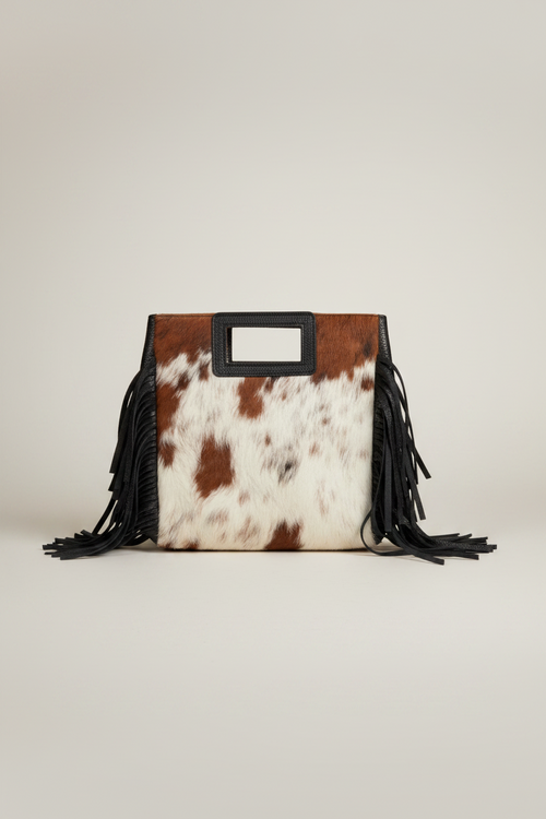 Bolso estampado en potro echo en piel con flecos laterales y dos asas cuadradas para coger LYKKE