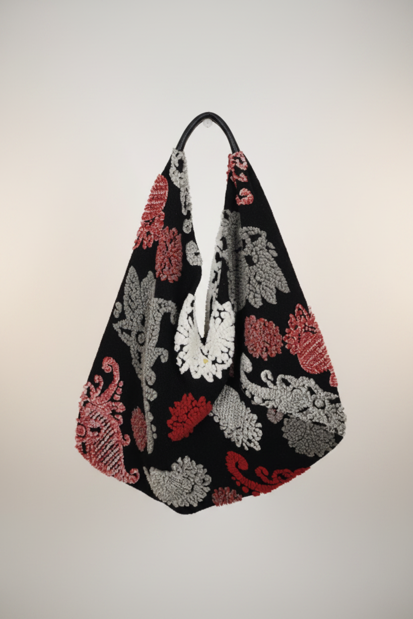 Triangular Bag - Textured Wool, Leather Handle, Printed, Handmade, Japanese Style | YOLYKKE