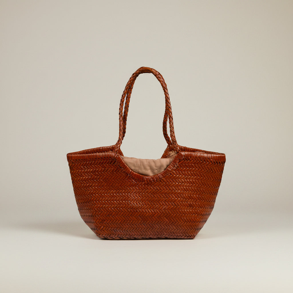 Bolso Capazo Trenzado Cuero Marrón con Saco Interior