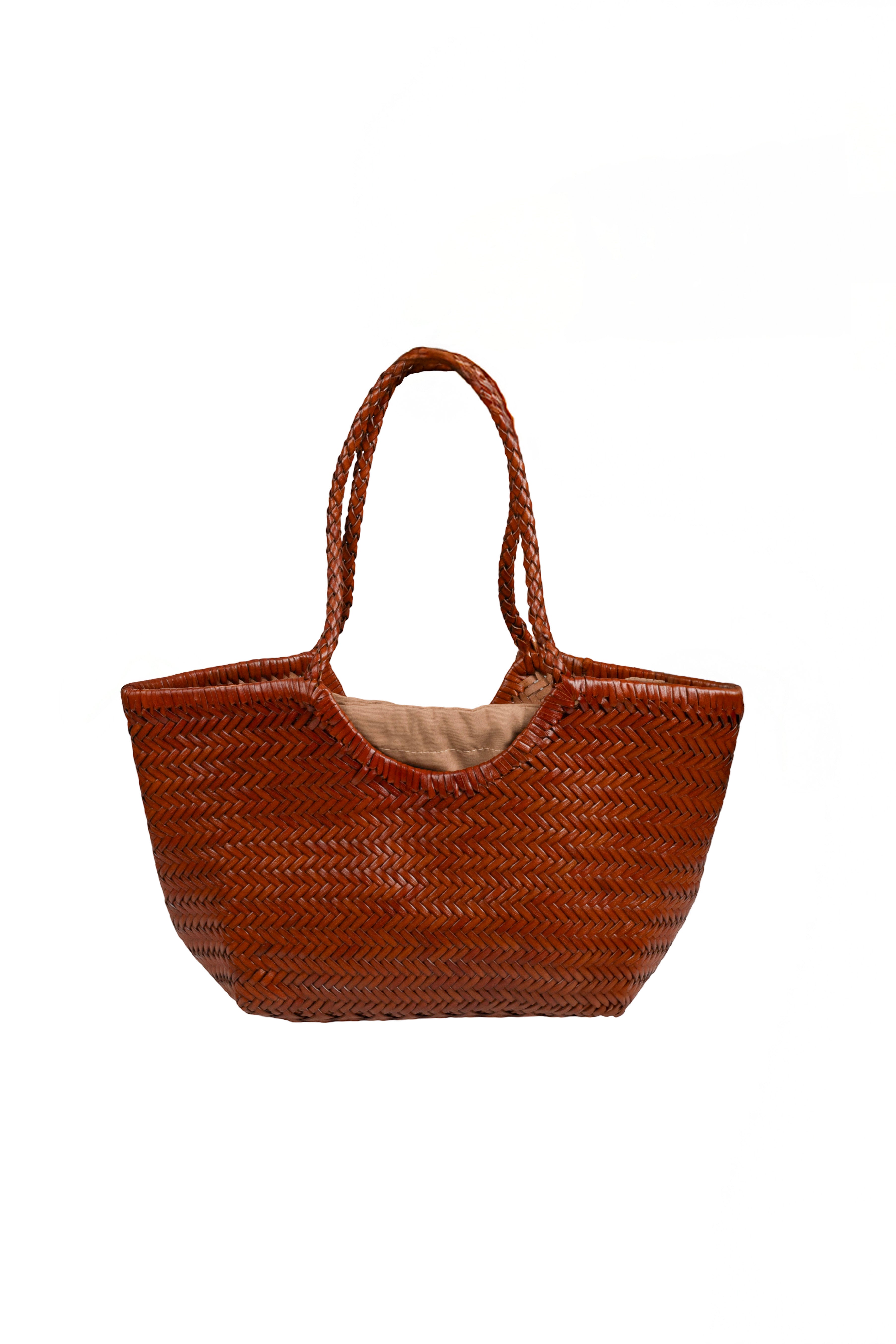 Bolso Capazo Trenzado Cuero Marrón con Saco Interior