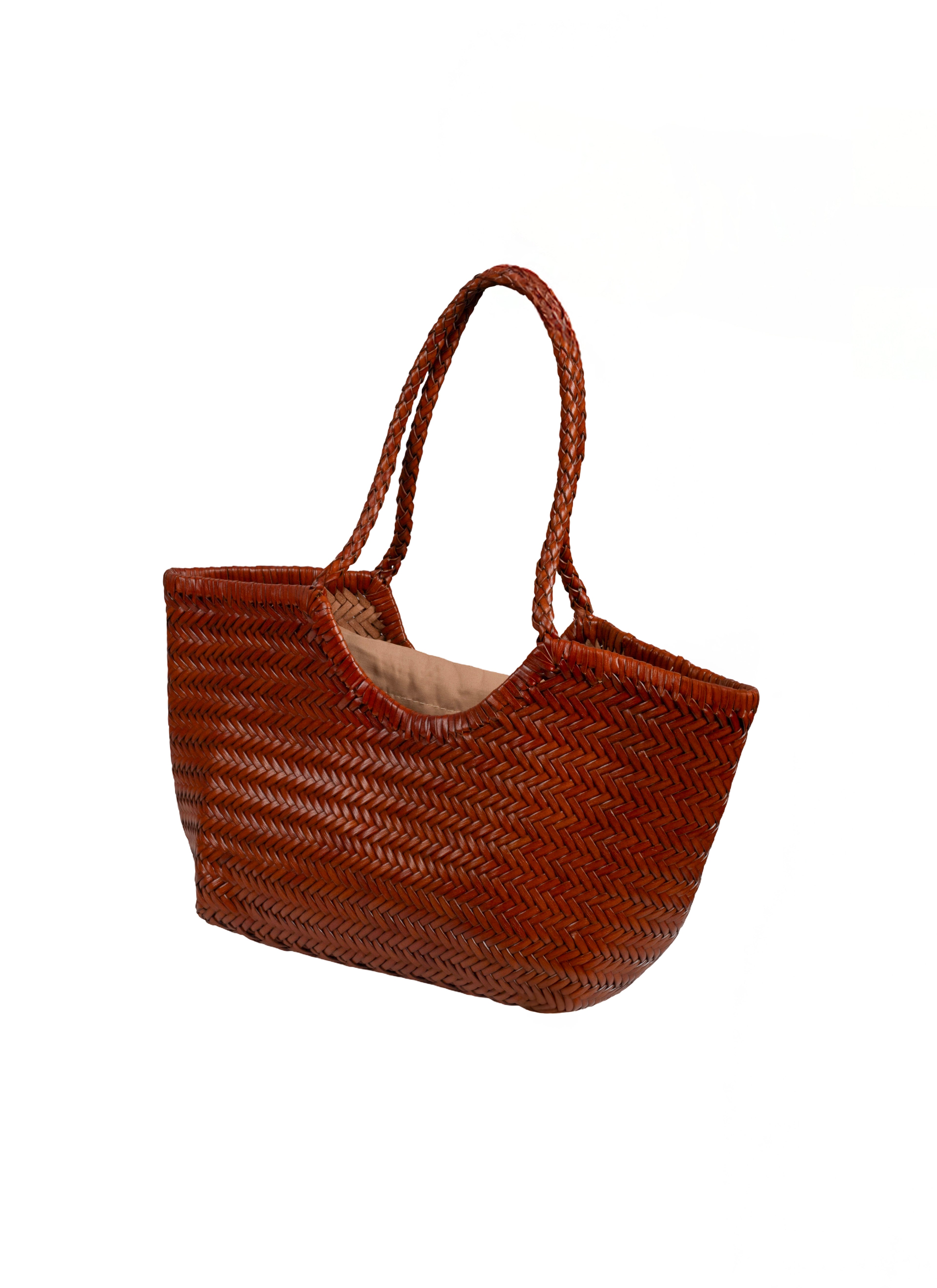 Bolso Capazo Trenzado Cuero Marrón con Saco Interior