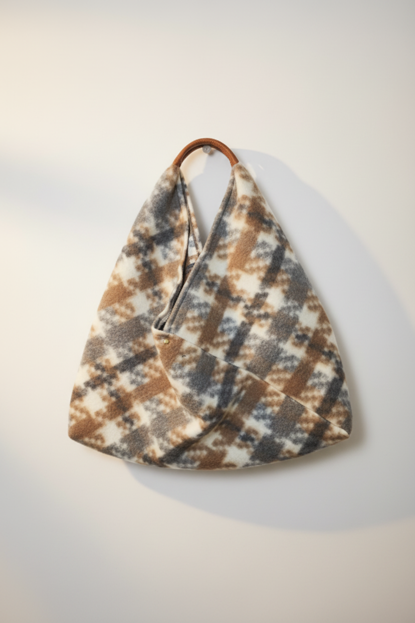 Triangular Bag - Textured Wool, Leather Handle, Printed, Handmade, Japanese Style | YOLYKKE