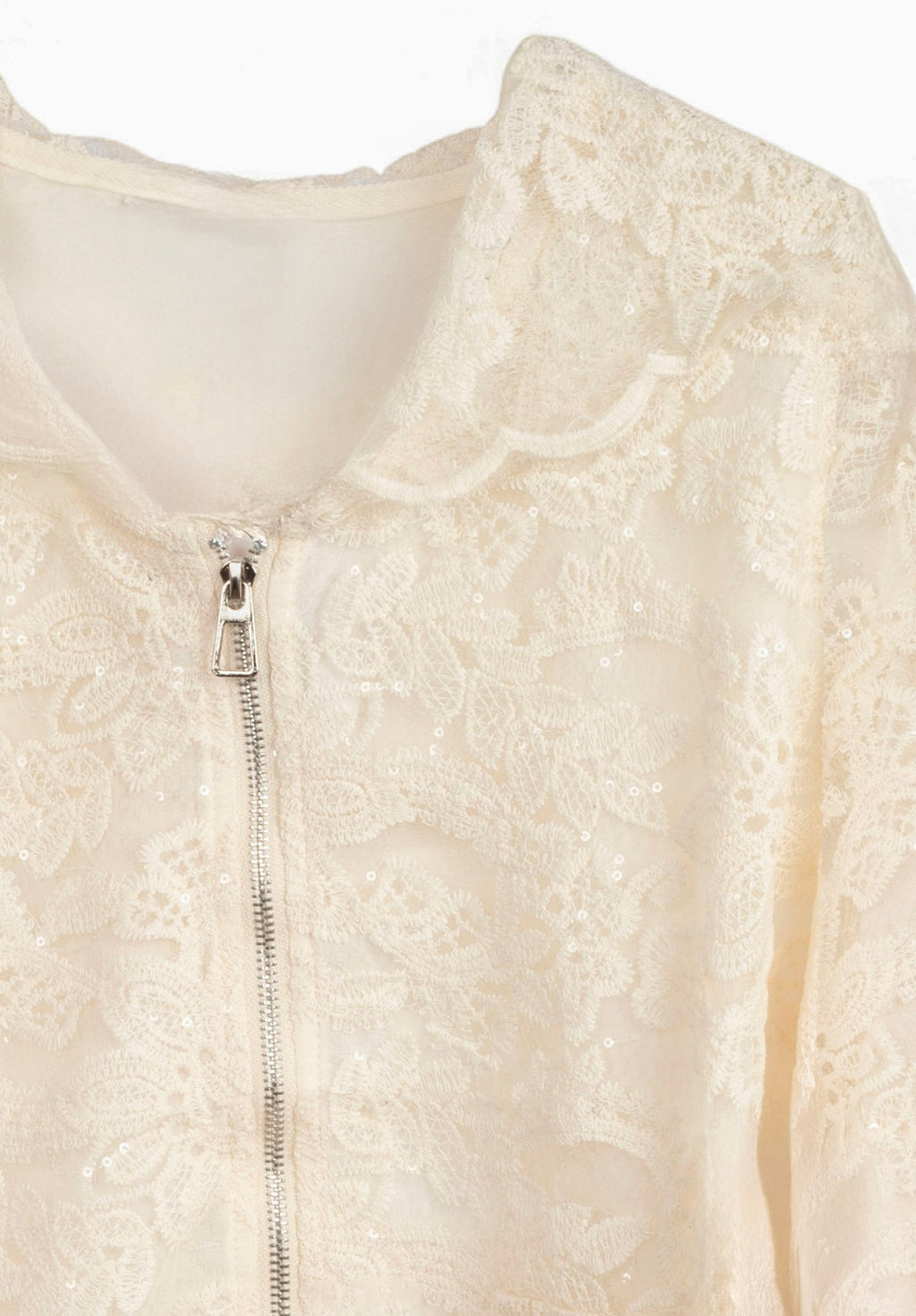 chaqueta bomber de lentejuelas y capucha todo de encaje de jot_madrid