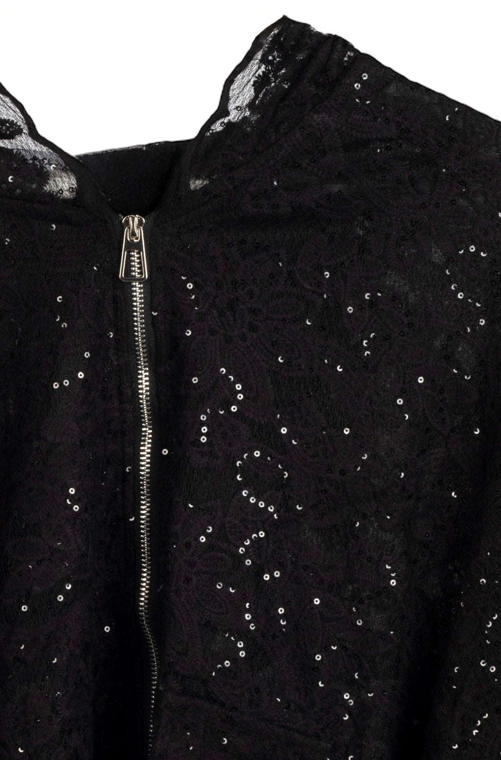 chaqueta bomber de lentejuelas y capucha todo de encaje de jot_madrid