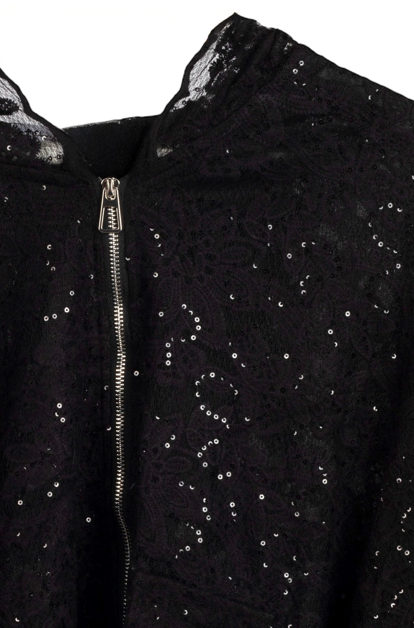 chaqueta bomber de lentejuelas y capucha todo de encaje de jot_madrid