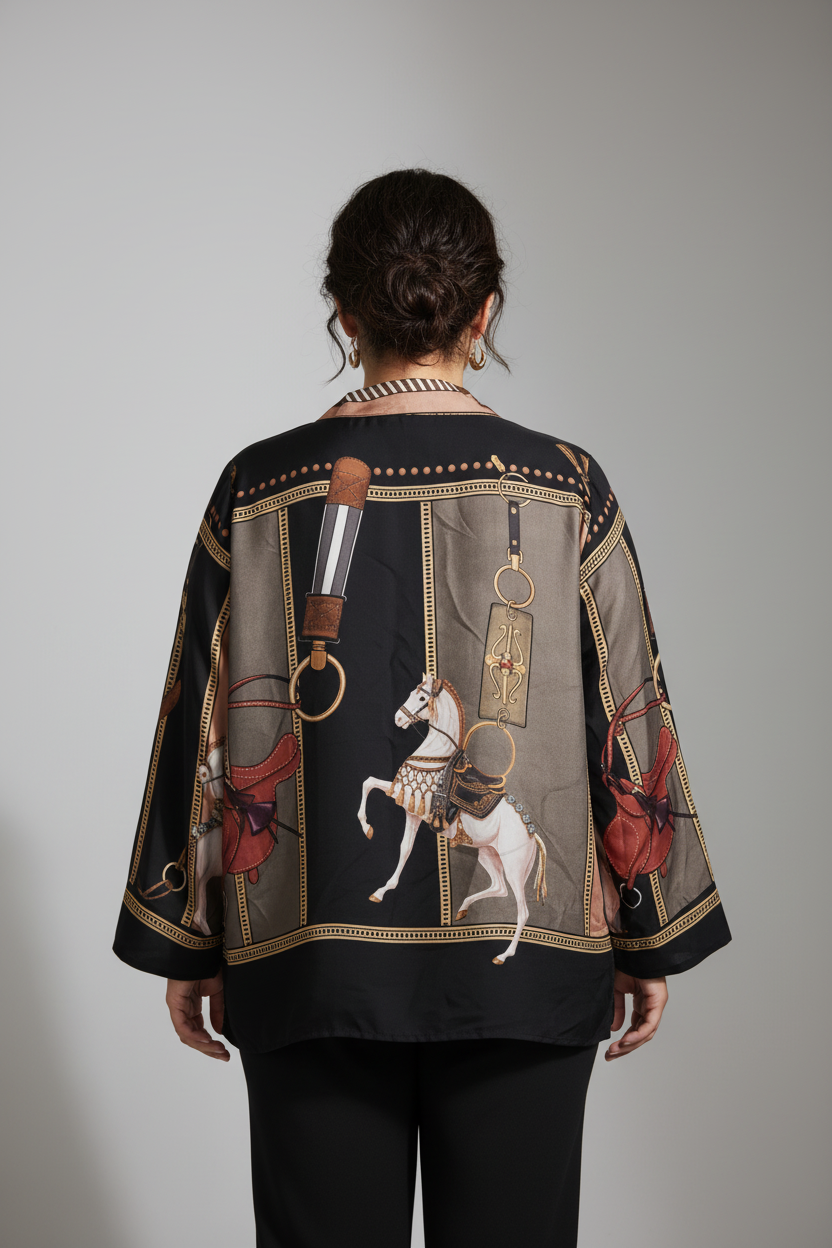 Chemise Soie Viscose Imprimé Équestre Chevaux Col Mao Passants Curvy | YOLYKKE