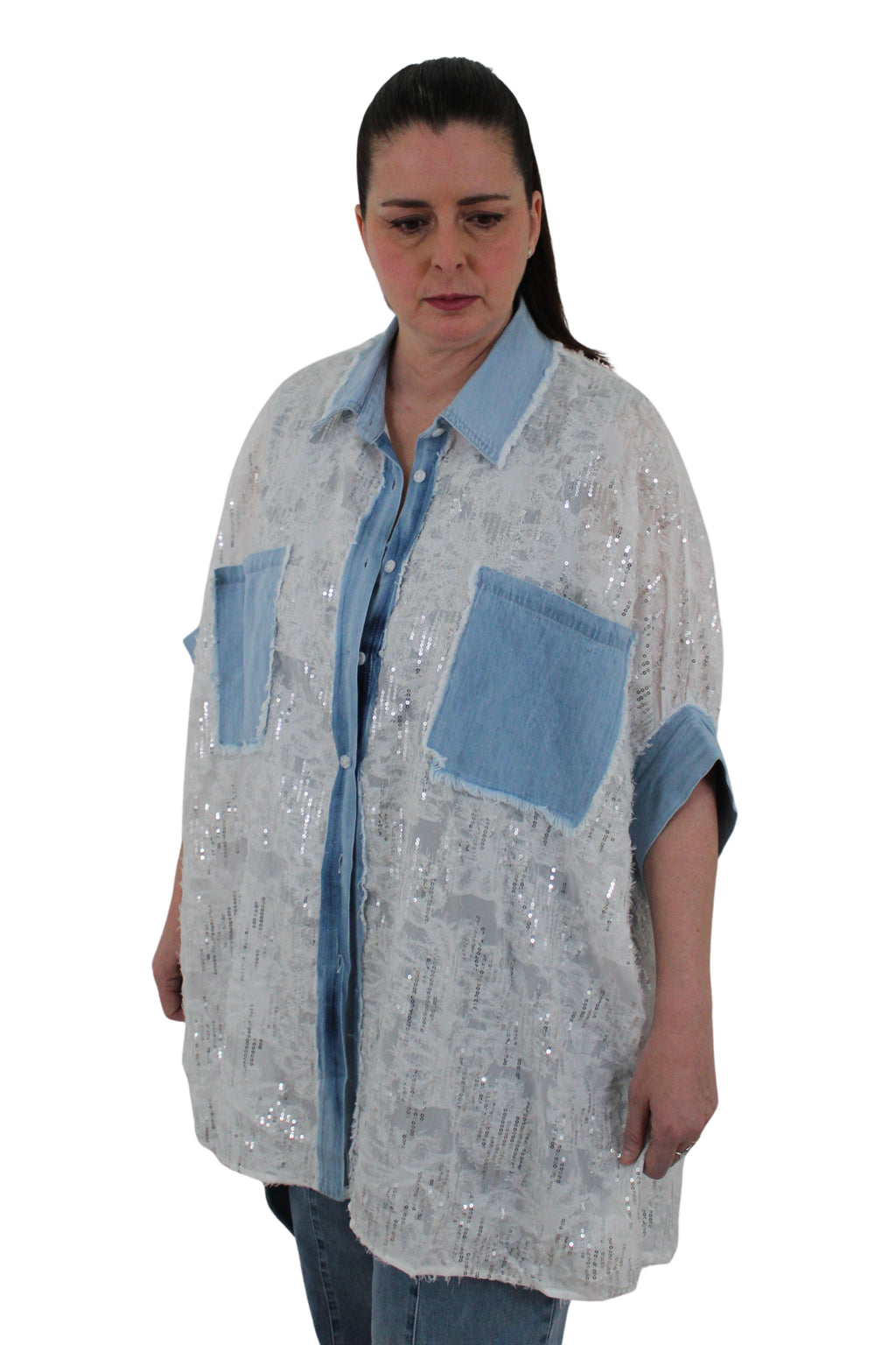 camisa vaquera con lentejuelas blancas de jot-madrid