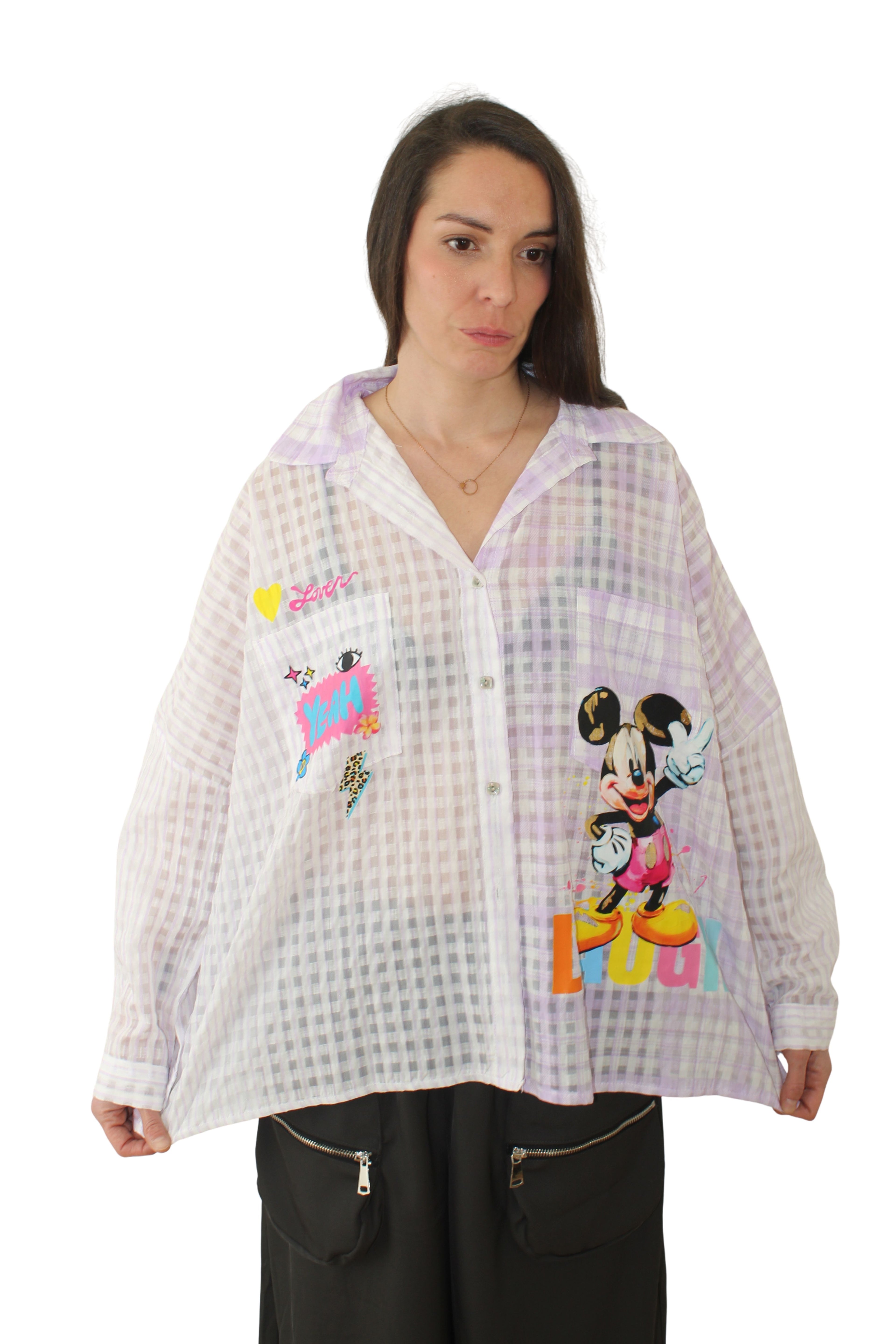 Camisa Lila Mickey Cuadros Transparente en tonos rosas y malvas LYKKE