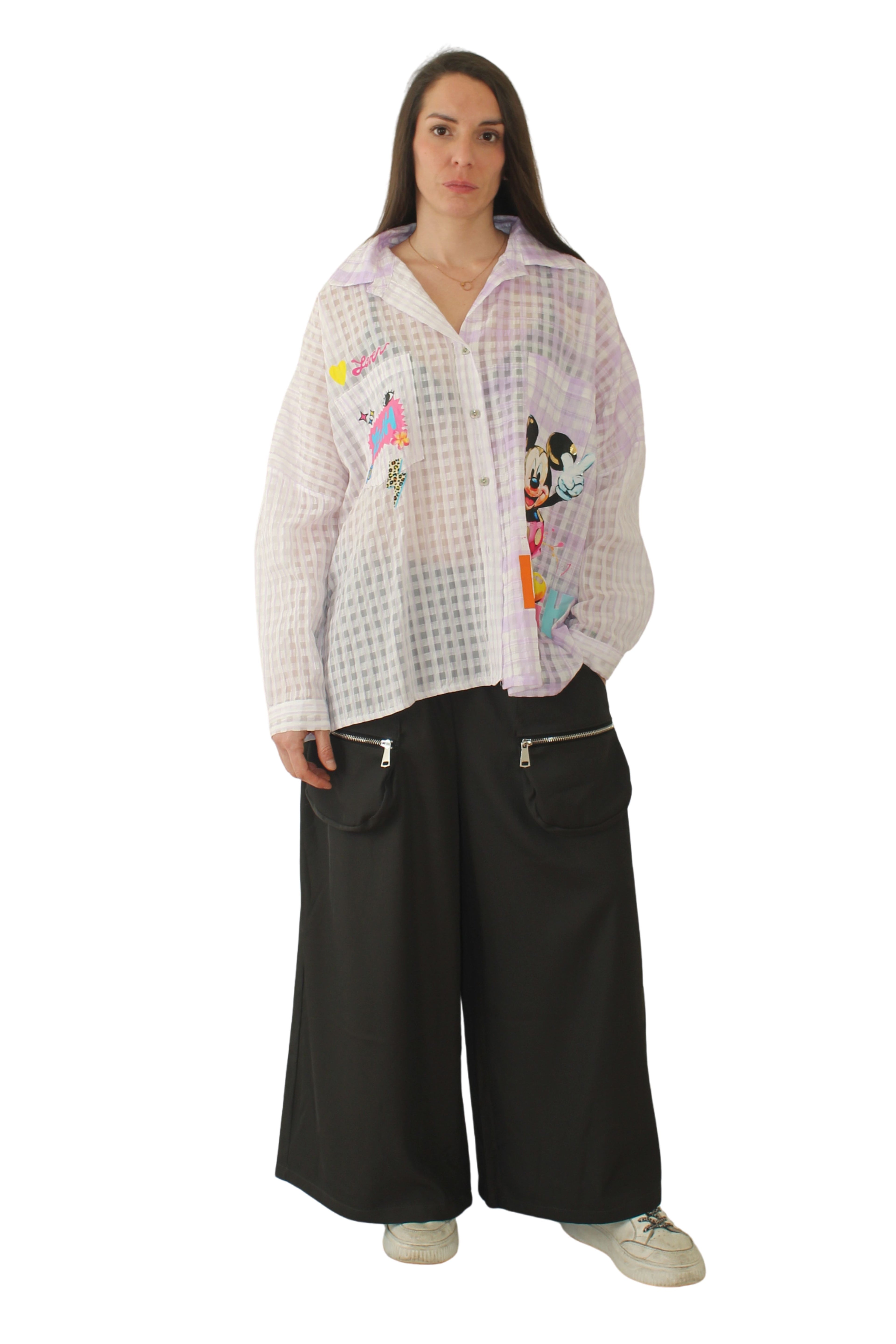 Camisa Lila Mickey Cuadros Transparente en tonos rosas y malvas LYKKE