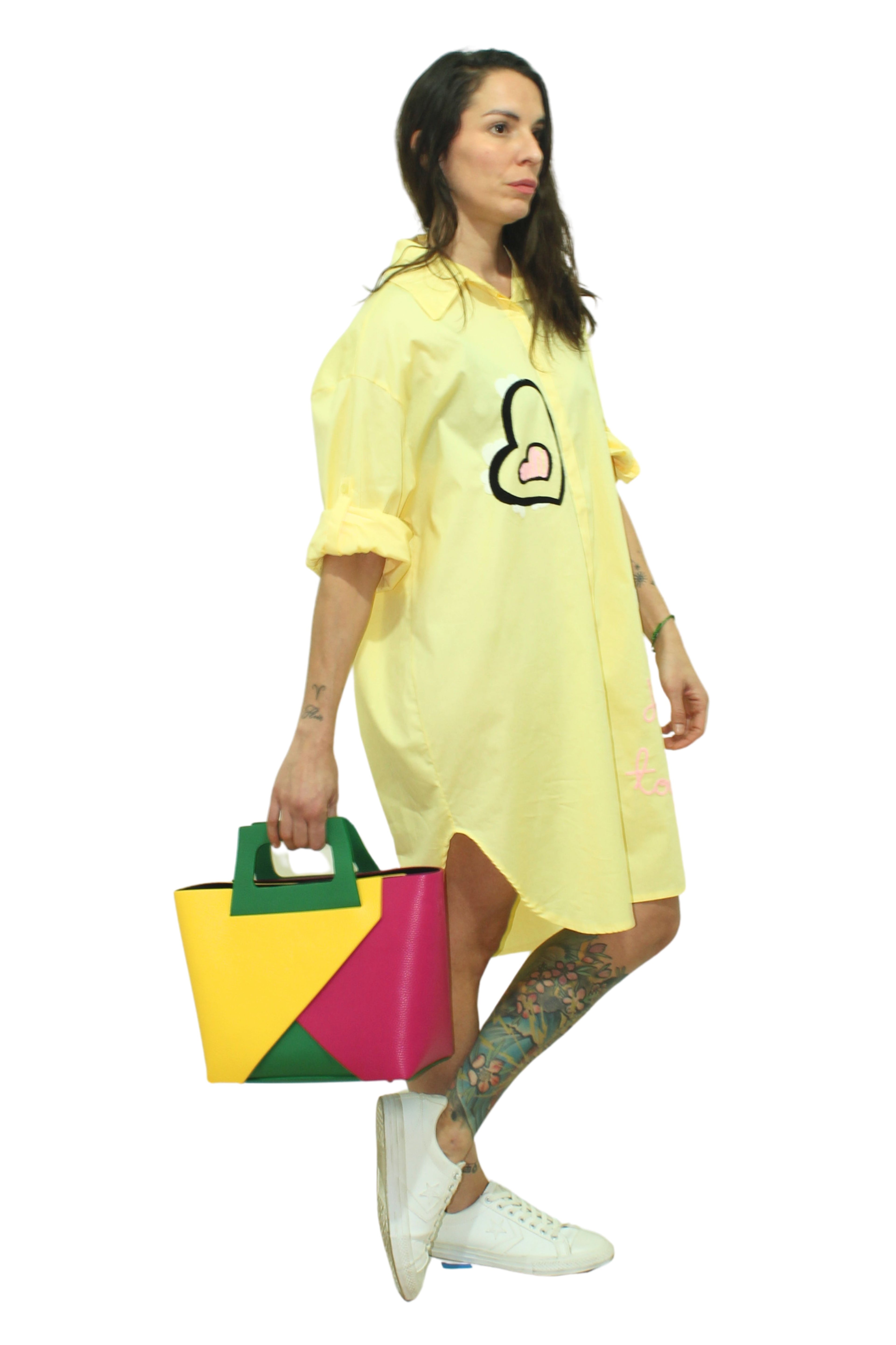 Bolso Multicolor Cuero Geométrico Fucsia Amarillo Verde