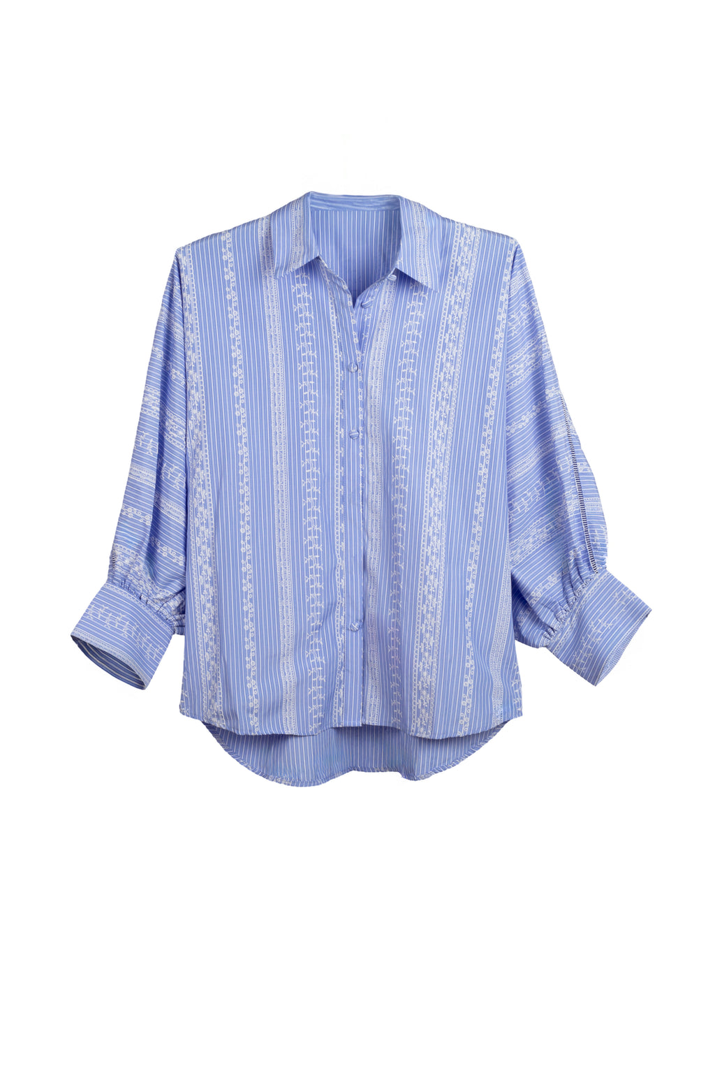 camisa oversice con mangas murciélago en azul con rayas