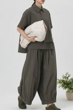 conjunto de nefelibata en verde con camisa asimetrica y pantalon globo