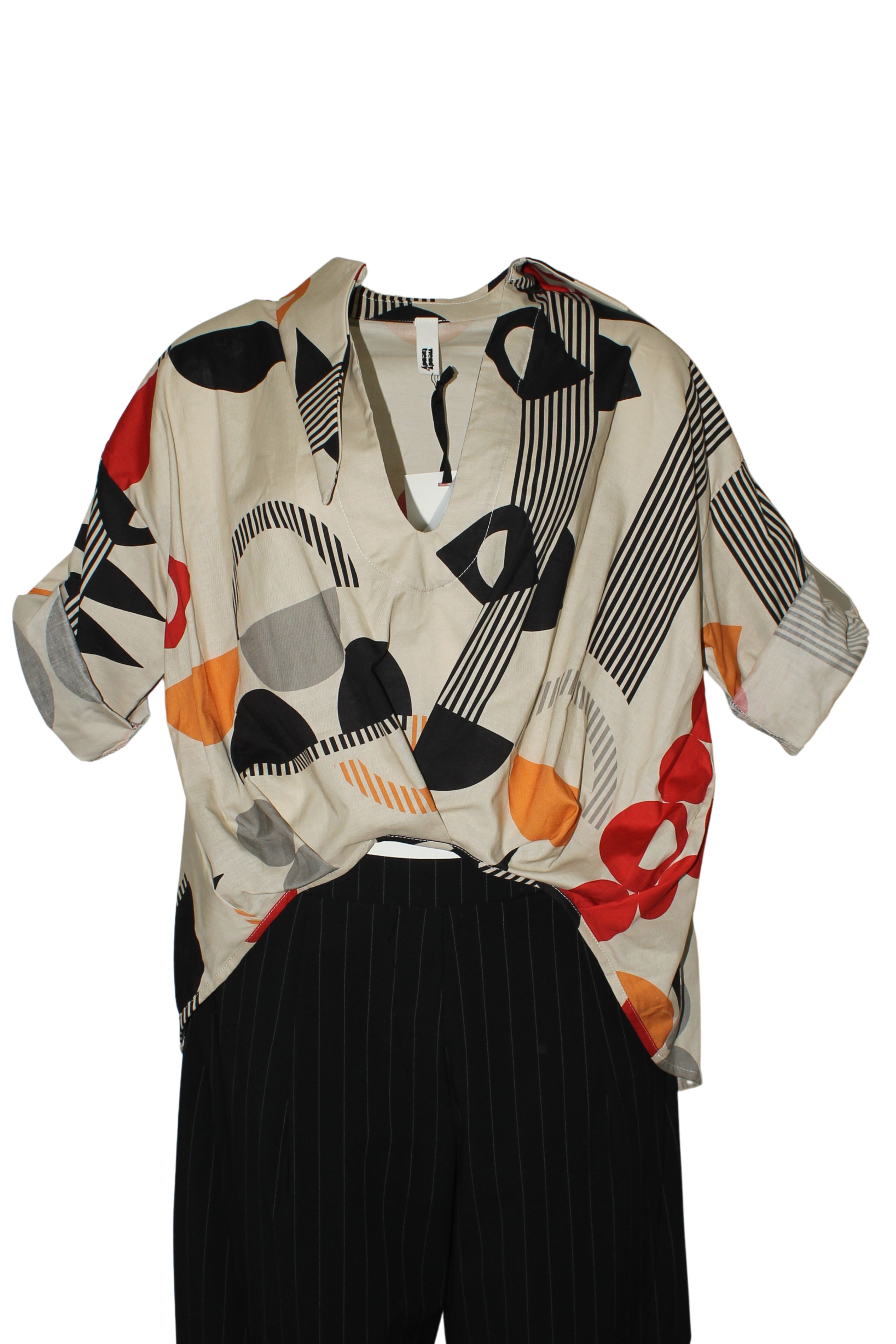 Camisa Wendy Trendy Estampado Geométrico Cuello Asimétrico 100% Algodón