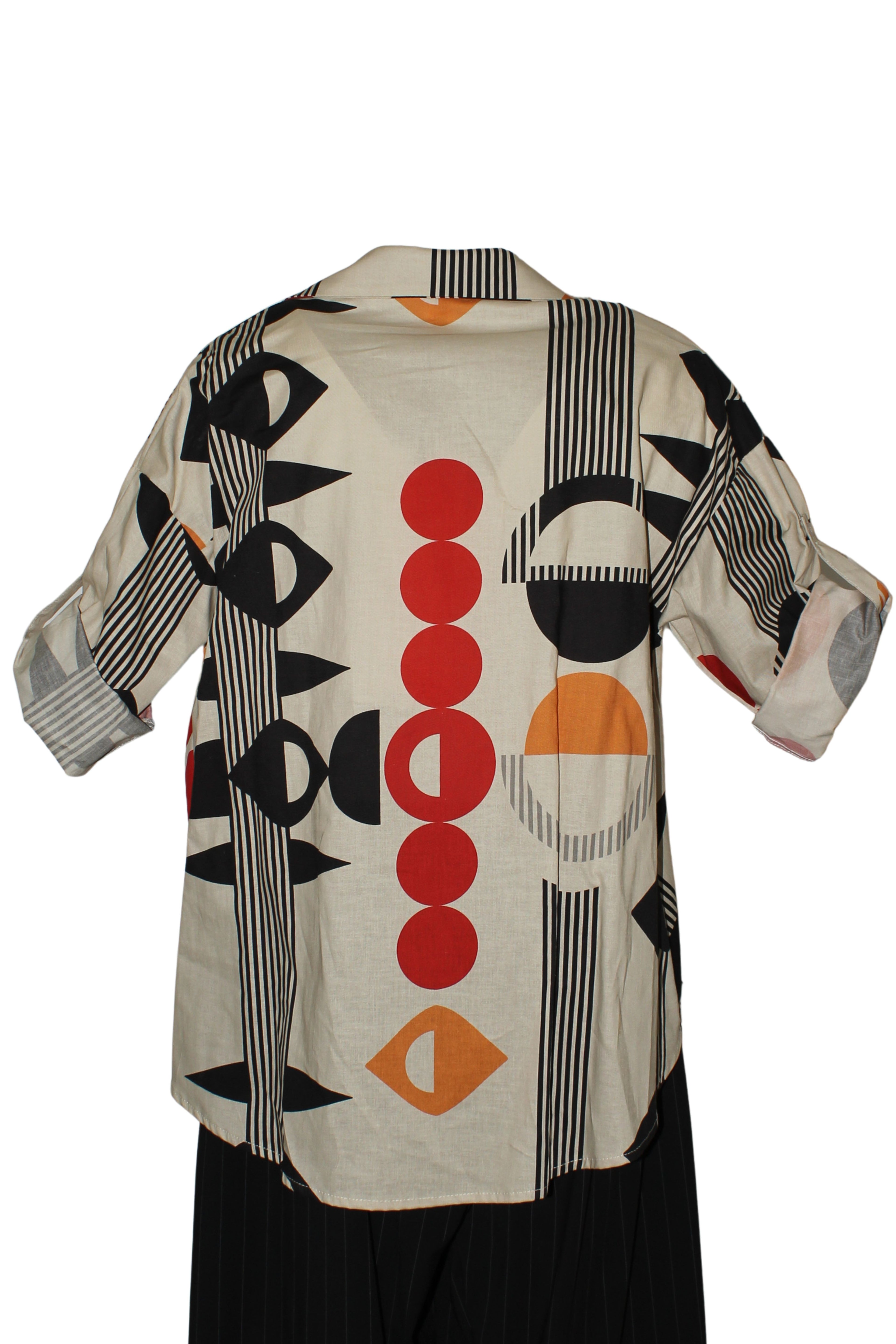 Camisa Wendy Trendy Estampado Geométrico Cuello Asimétrico 100% Algodón