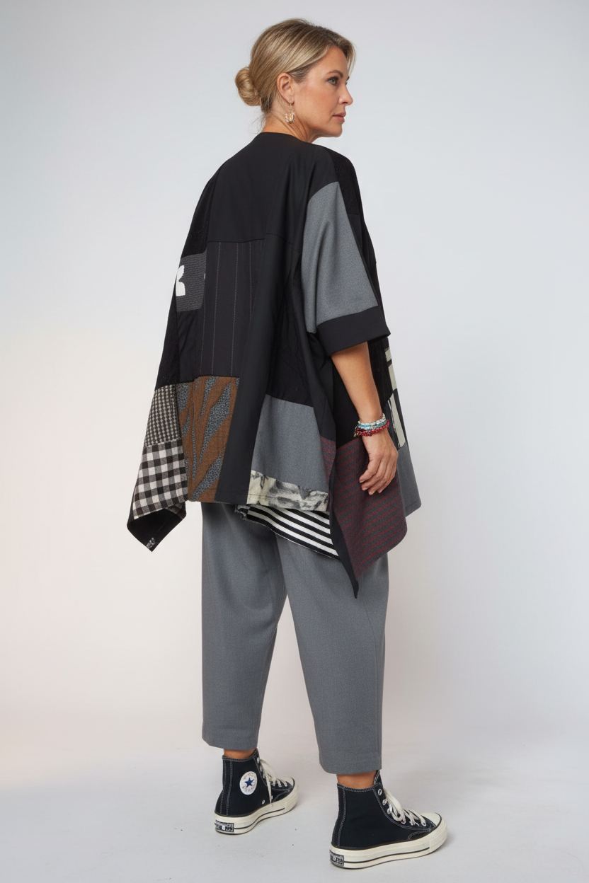 Camisa Kimono Patchwork Artístico Tejidos Mixtos Bajo Asimétrico | Wendy Trendy