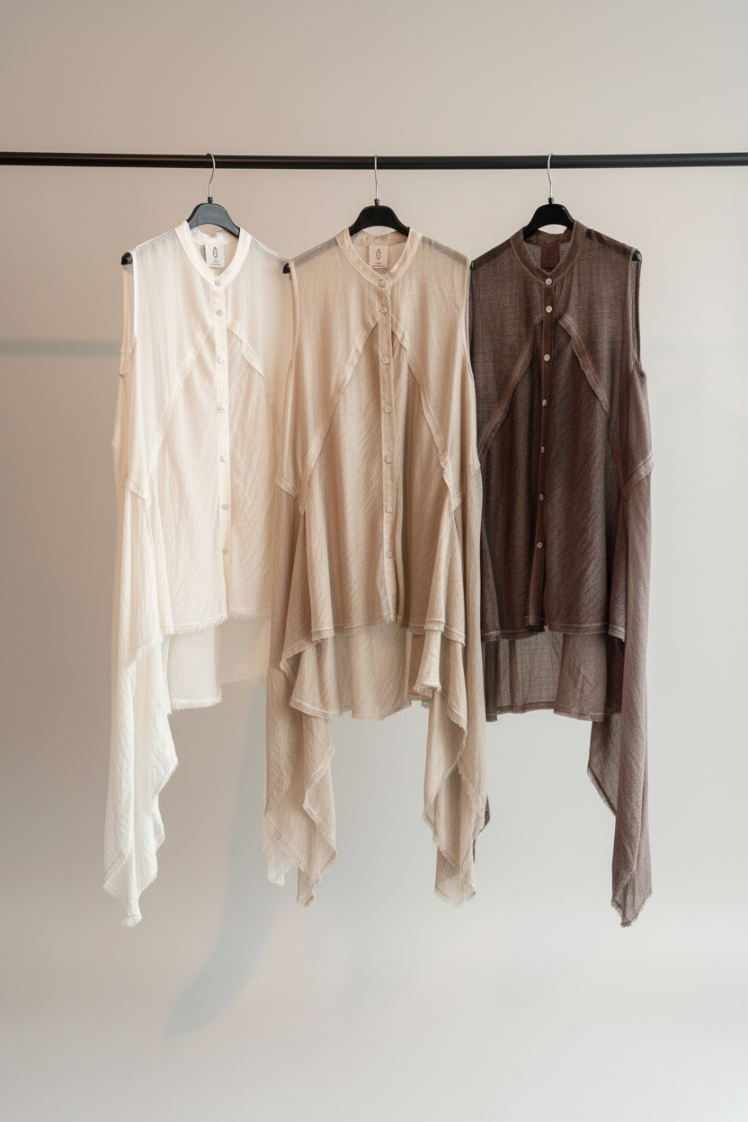 camisa yolykke asimetrica sin magas y en tres colores blanca marron y champagne