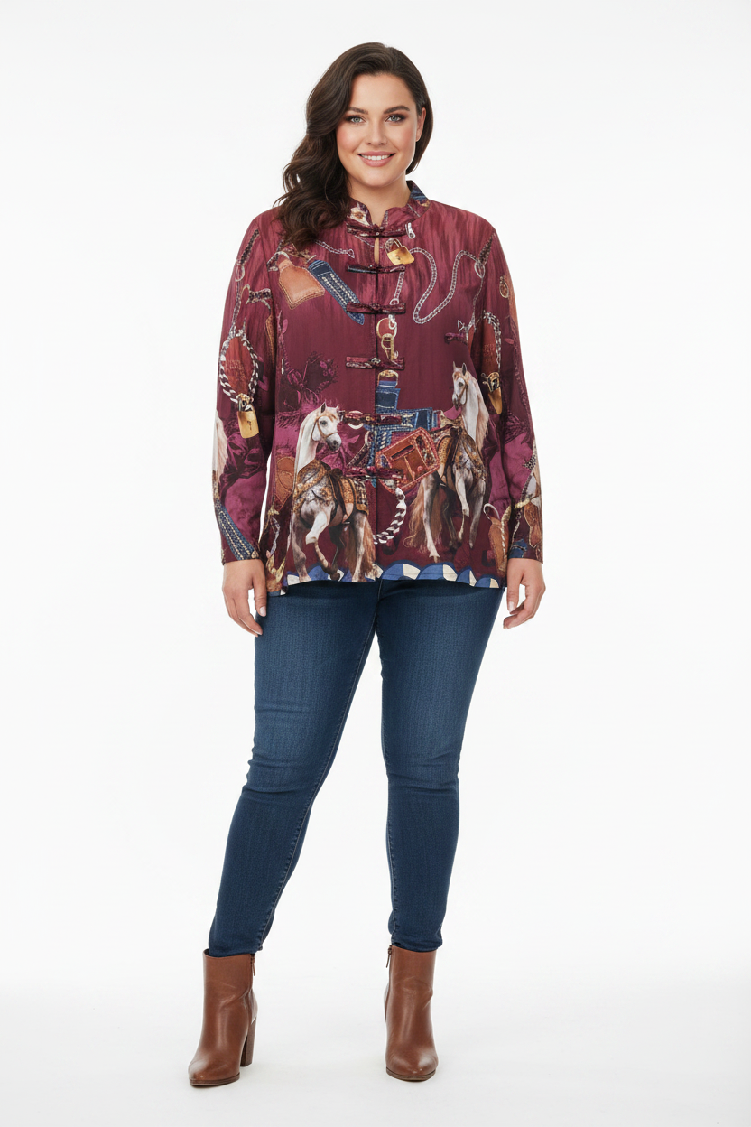 camisa curvy yolykke estampado caballos en seda