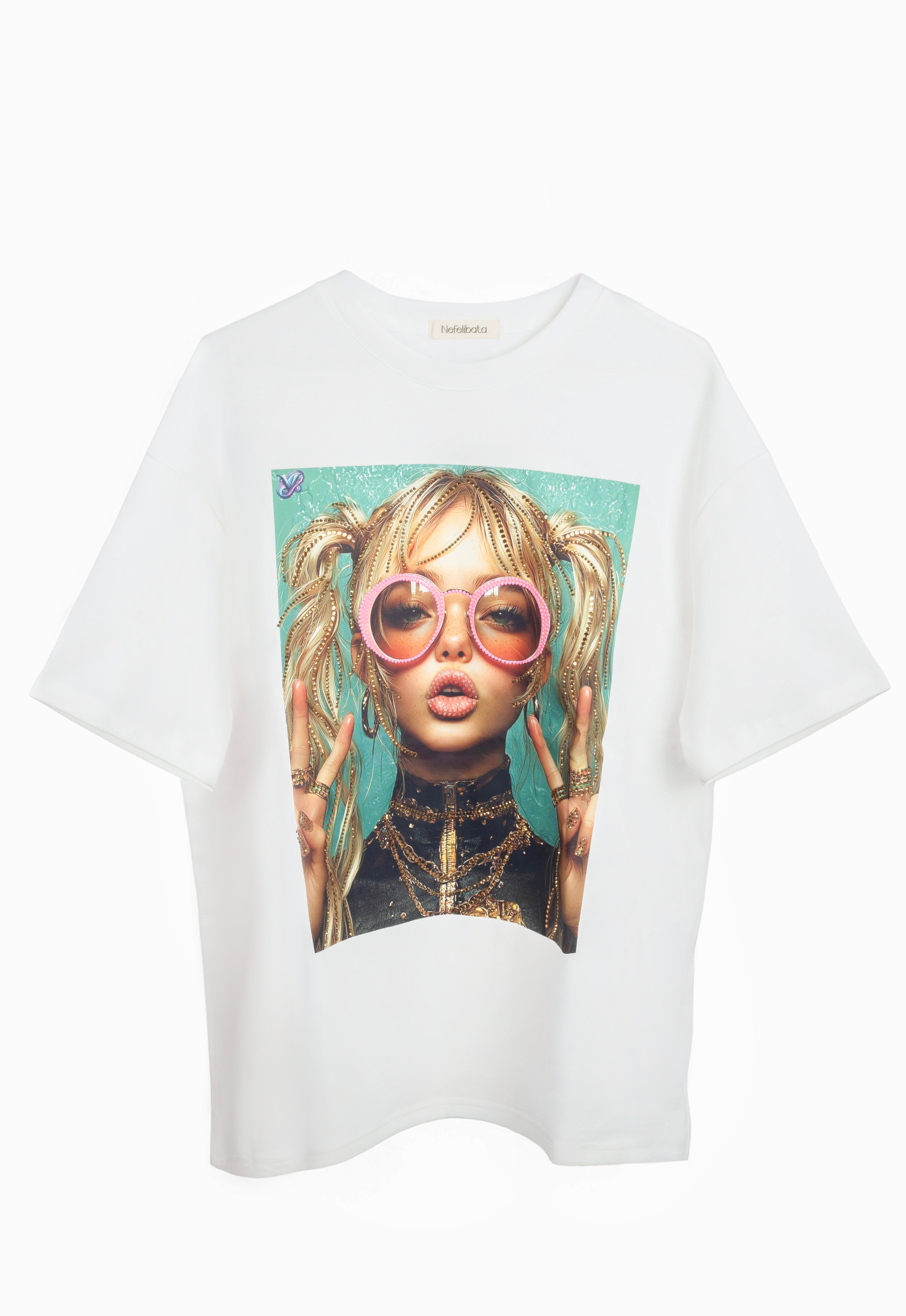 camiseta nefelibata glamour de brillos blanca delantera
