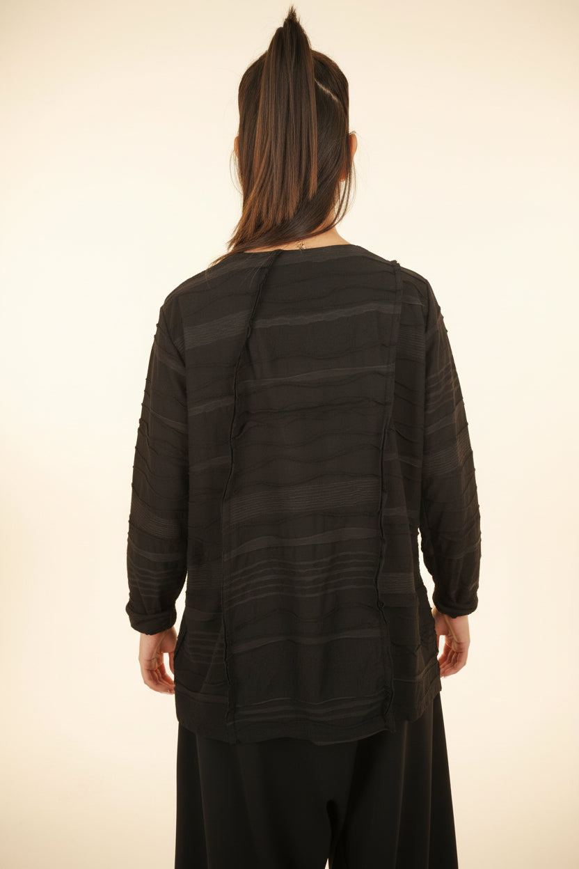 Gerüschtes strukturiertes Streifenshirt mit Smocking und 3/4-Ärmeln | Wendy Trendy