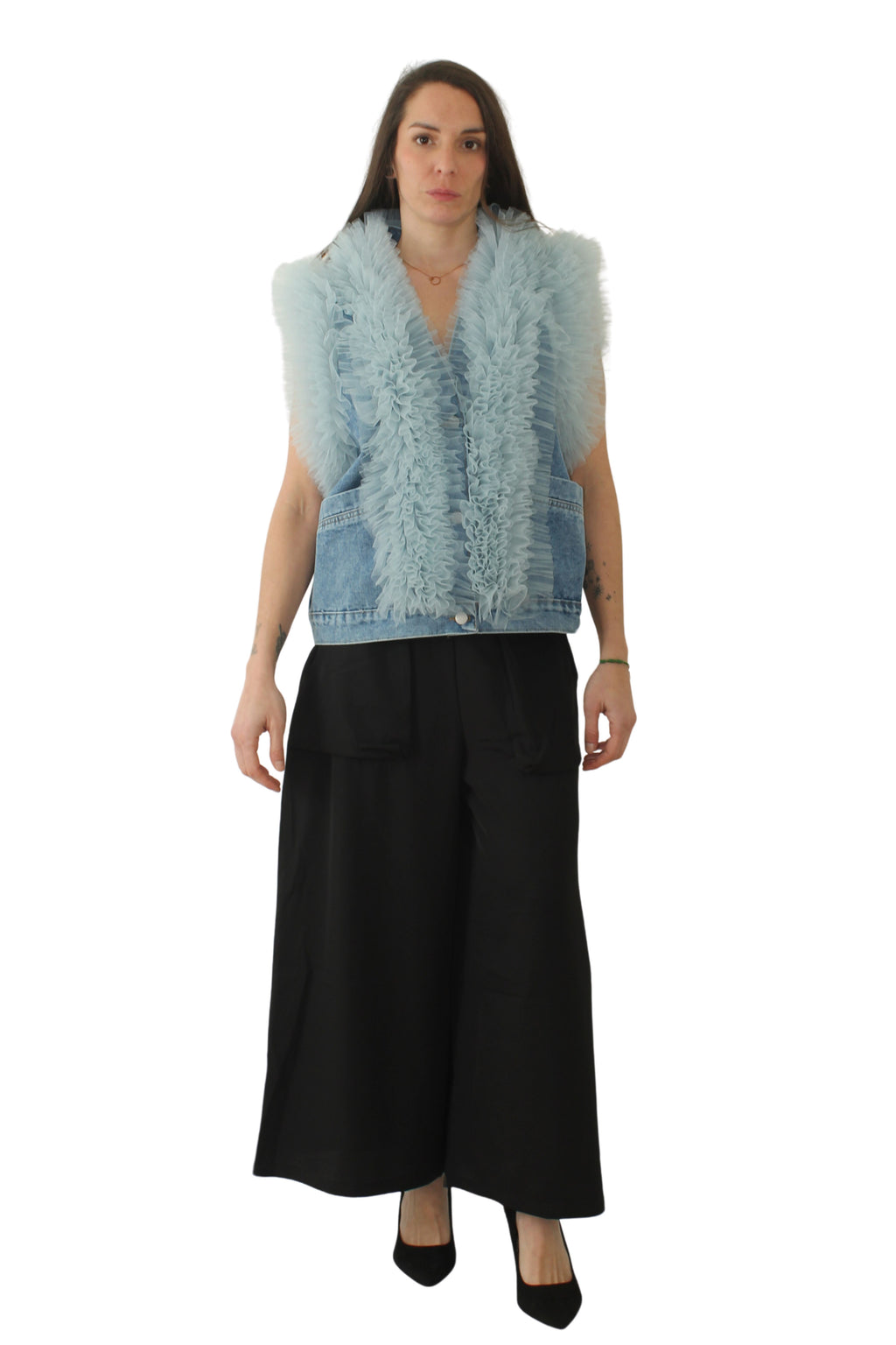 Chaleco nefelibata azul vaquero combinado en tul por la parte delantera | YOLYKKE