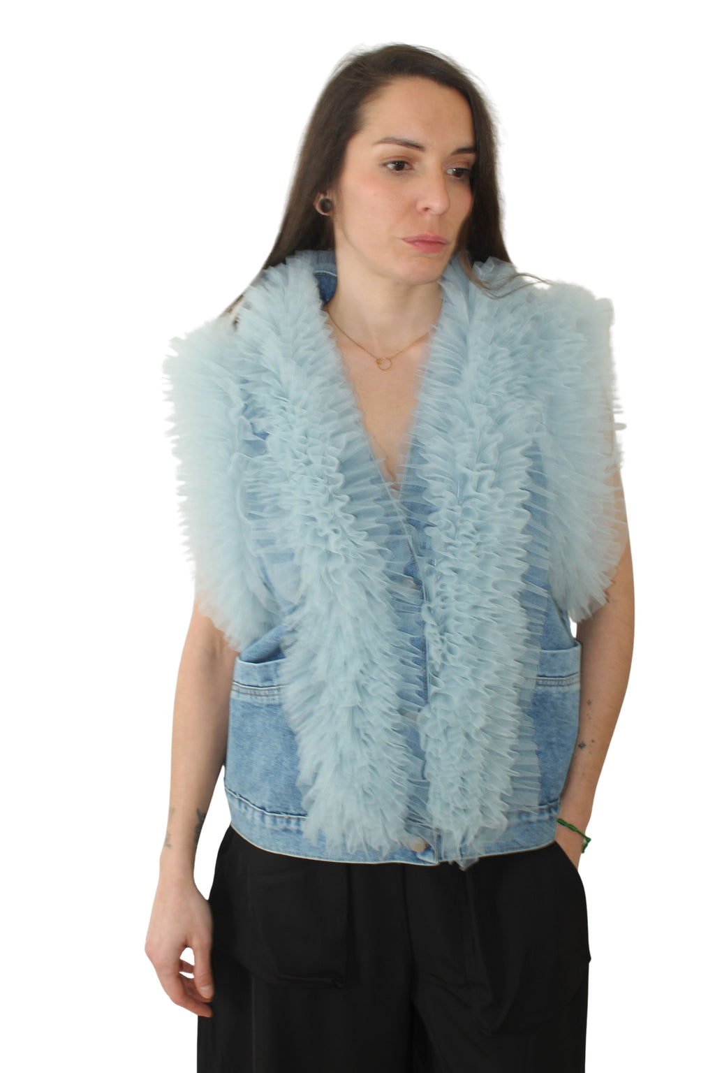 Chaleco nefelibata azul vaquero combinado en tul por la parte delantera | YOLYKKE