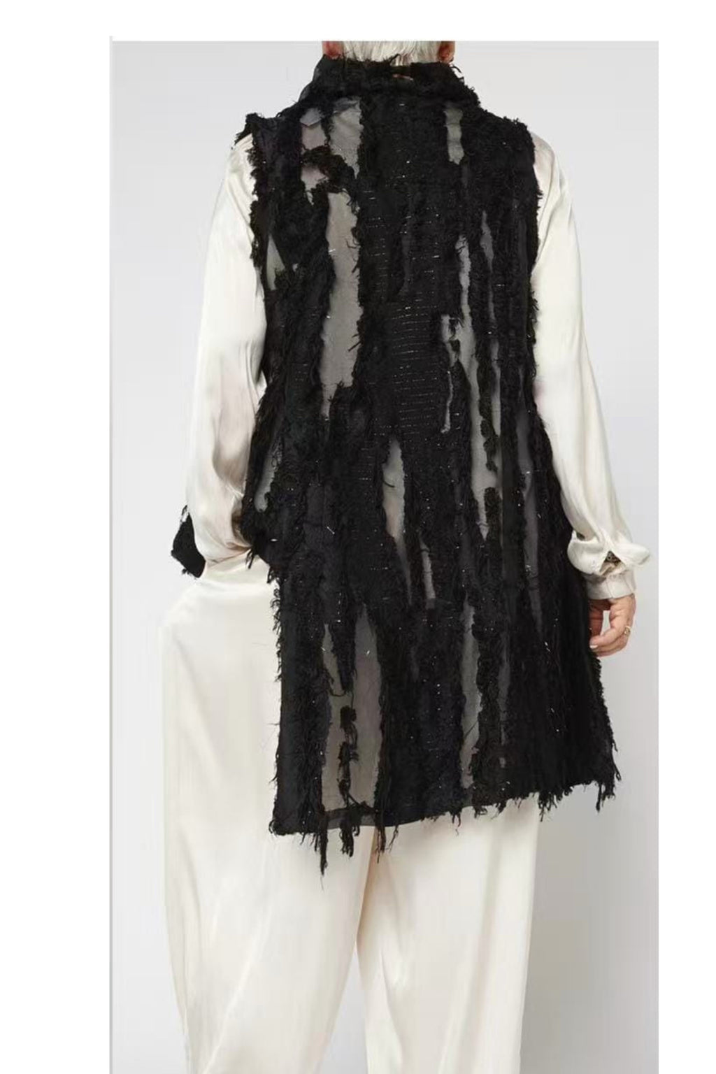 chaleco wendy trendy degradado con botones flecos y transparente efecto roto