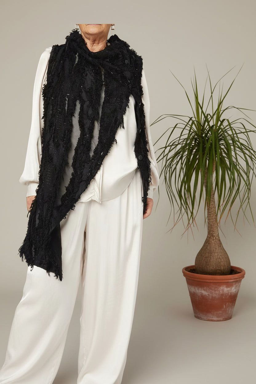wendy trendy chaleco negro degradado con botones y flecos efecto roto