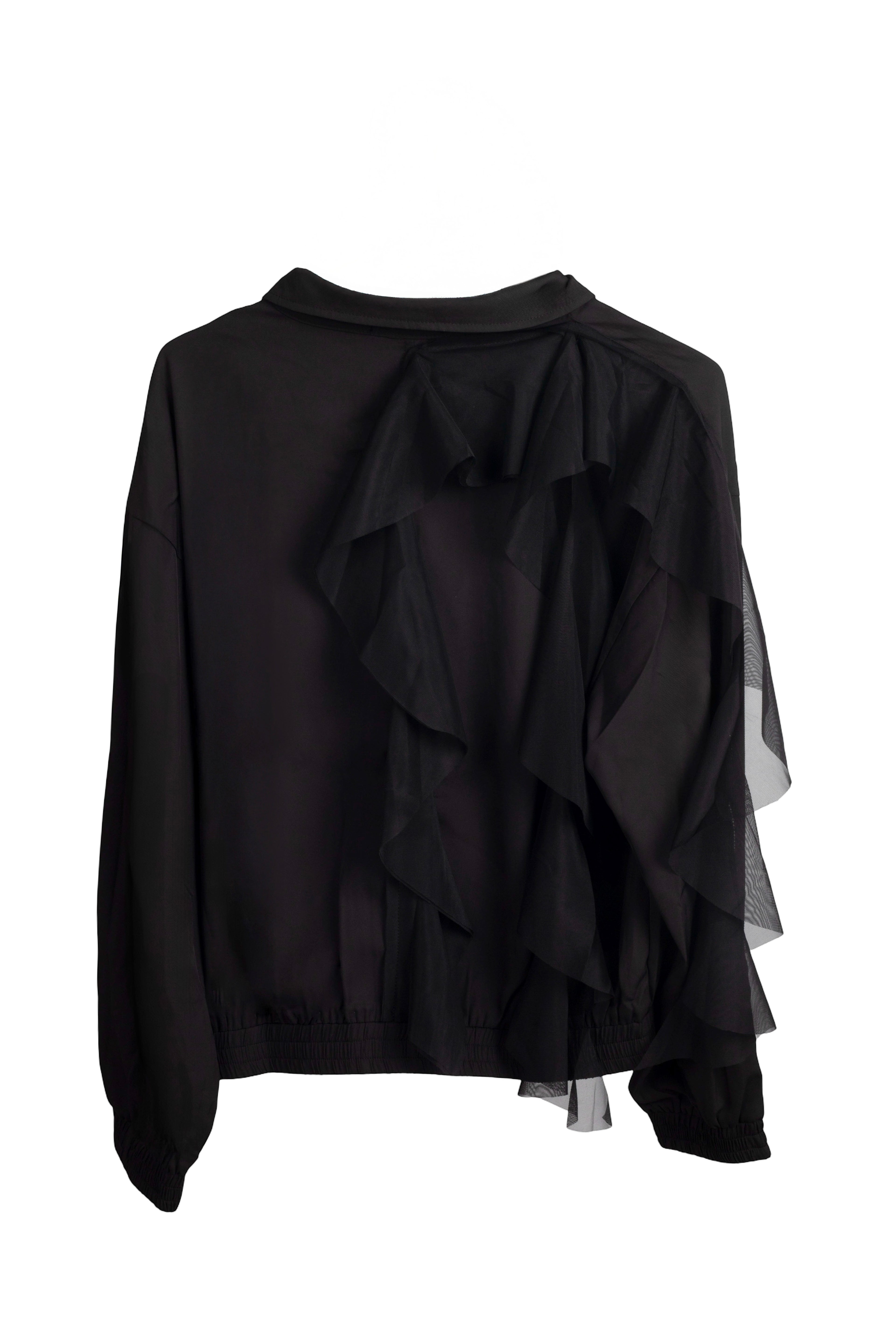 chaqueta marrón chocolate con detalle de tul en la espalda de nefelibata