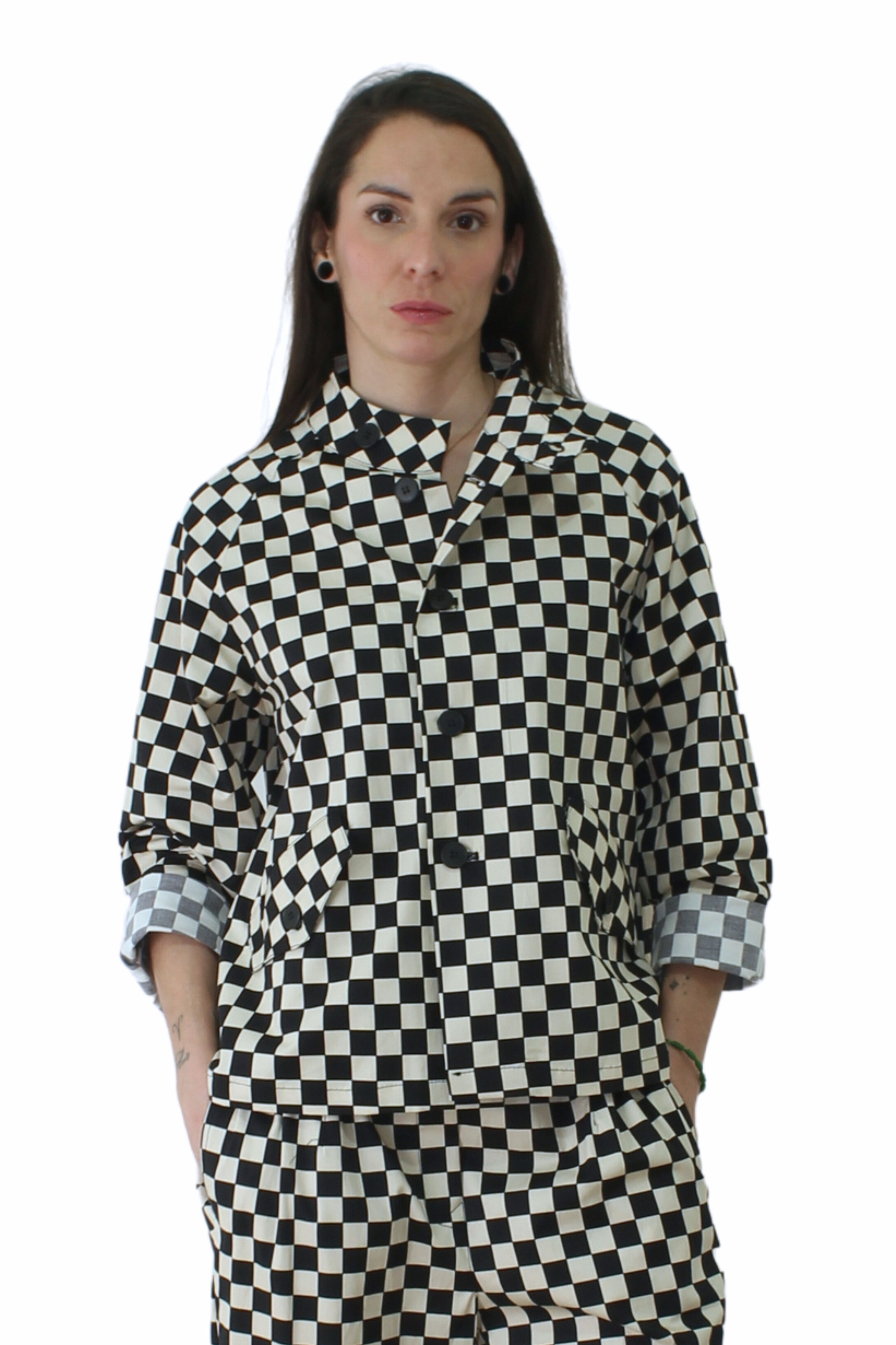 chaqueta de cuadro bicolor de Wendy trendy en forma tablero de ajedrez | YOLYKKE