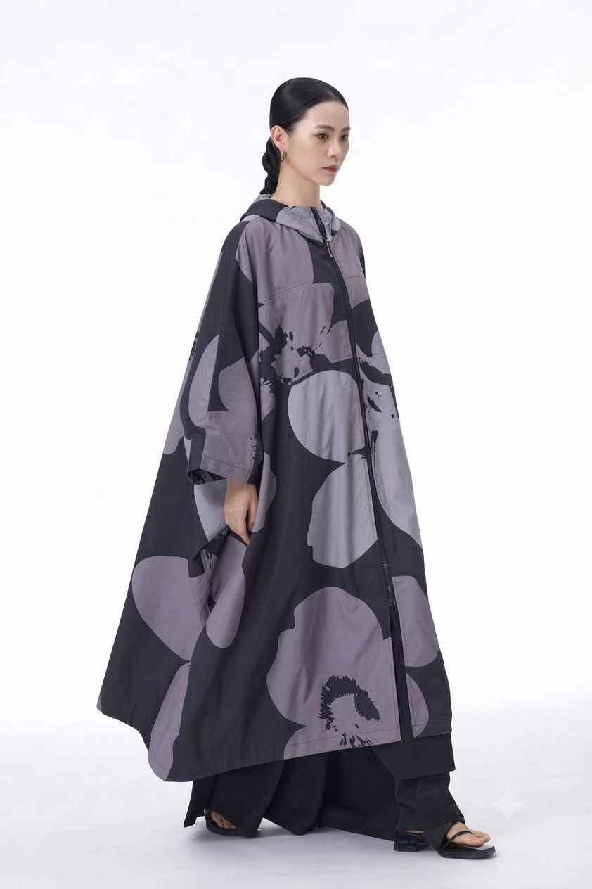 chubasquero talla maxi estampado de flores gris de nefelibata