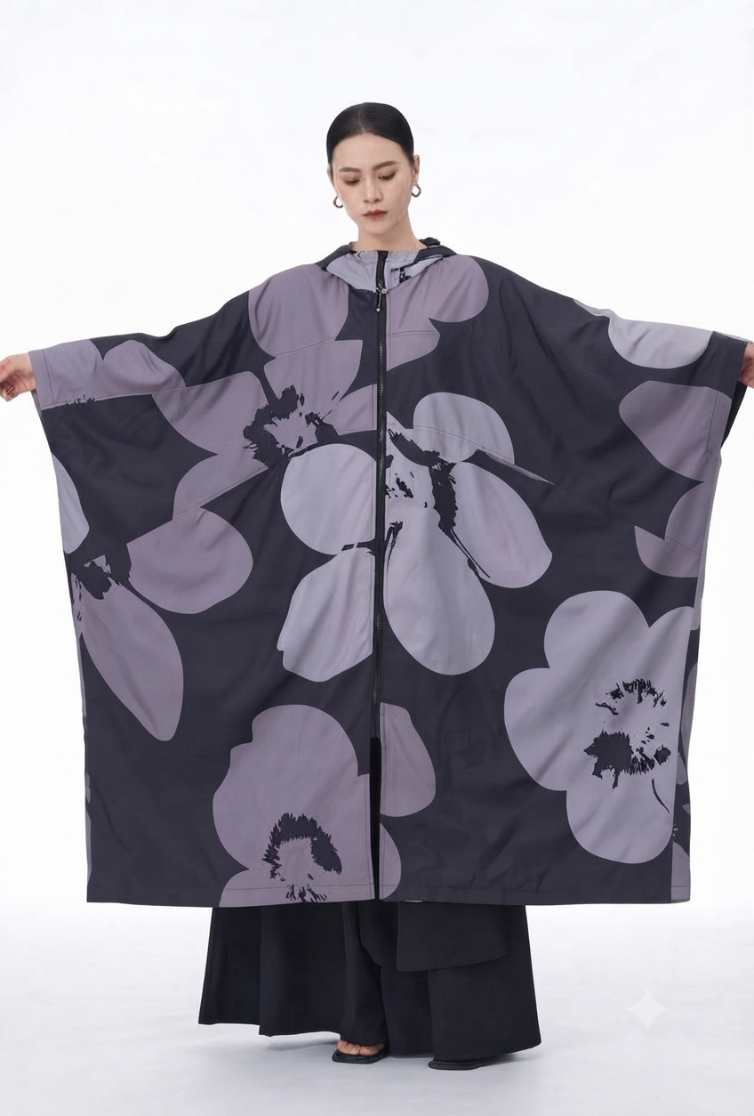 Chubasquero maxi capa negro estampado floral lavanda Nefelibata