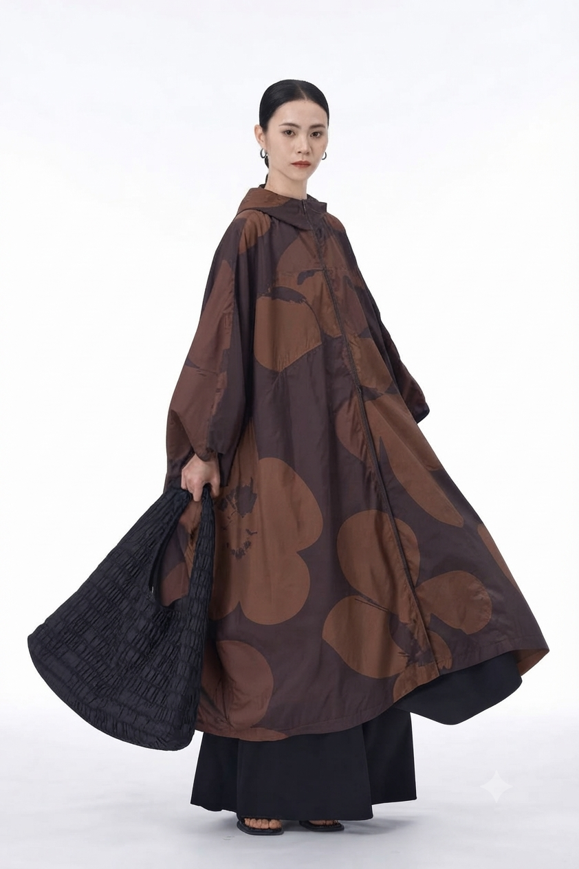 Chubasquero maxi capa marrón chocolate estampado floral Nefelibata