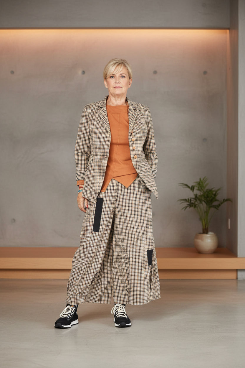 conjunto de balzer y pantalon en vichy marron de wendy trendy