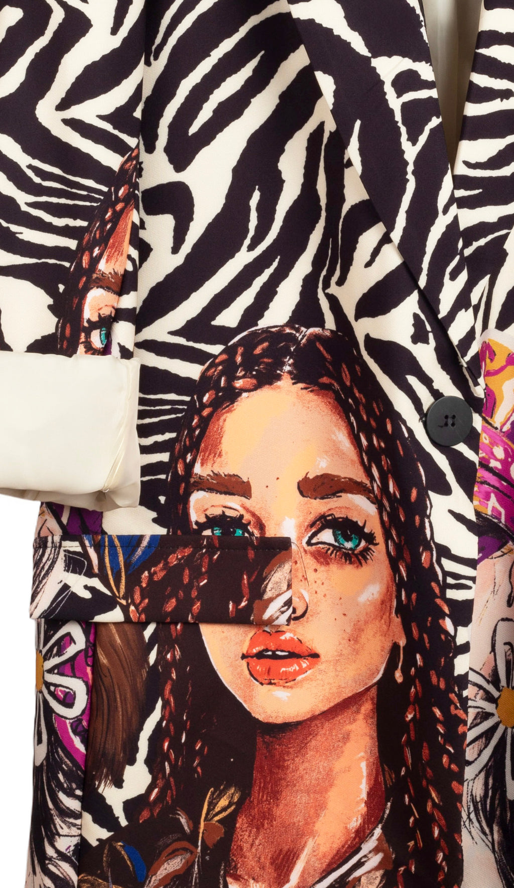 Blazer estampada de cebra con dos mujeres dibujadas en la espalda LYKKE