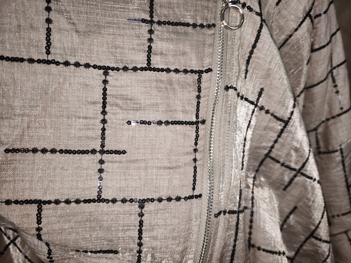 Chaqueta Cruzada Envolvente Drapé Lentejuelas Cosidas Tencel Gris Negro | Wendy Trendy