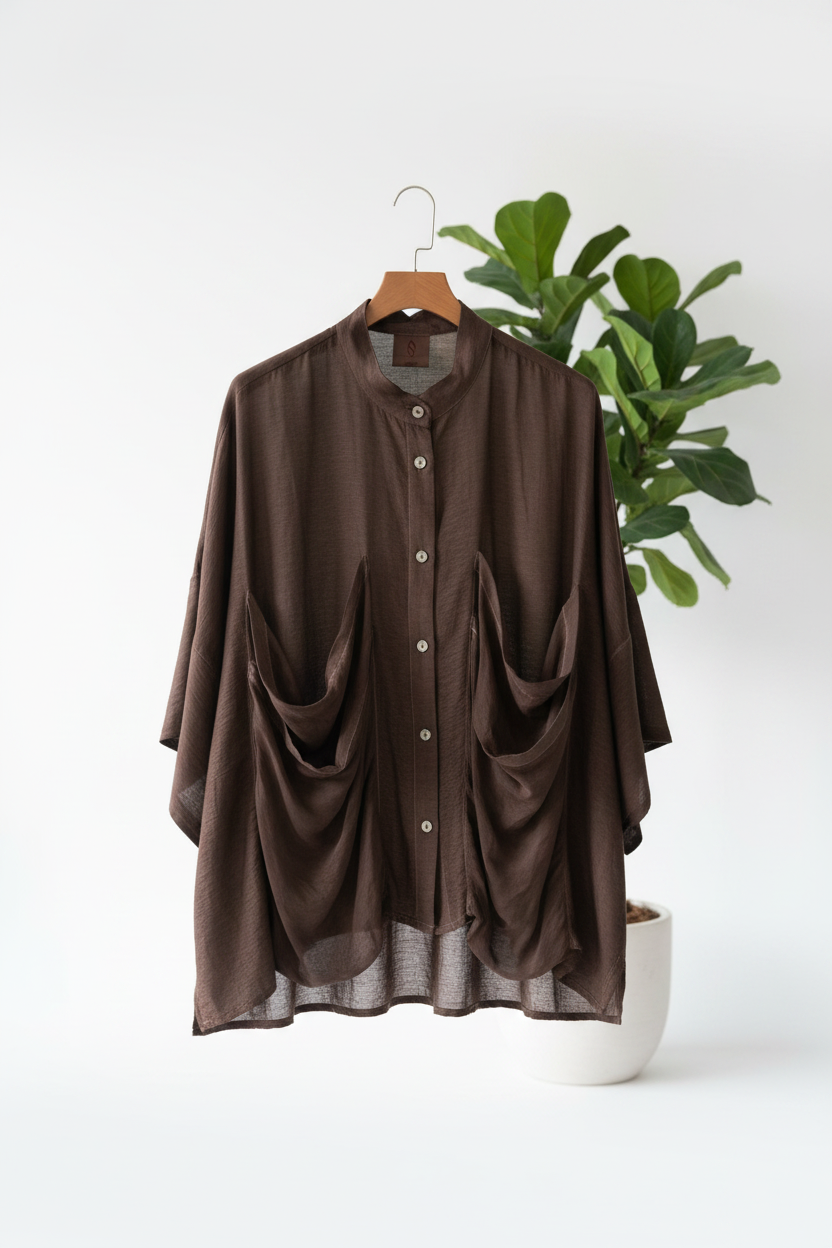 YOLYKKE | Camisa Oversize Cuello Mao Bolsillos Drapeados
