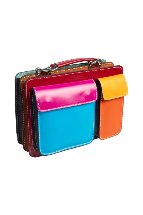 Bolso maletín rojo fuxia azul y cuero echo en piel con asa de mano y tira para colgar en piel LYKKE
