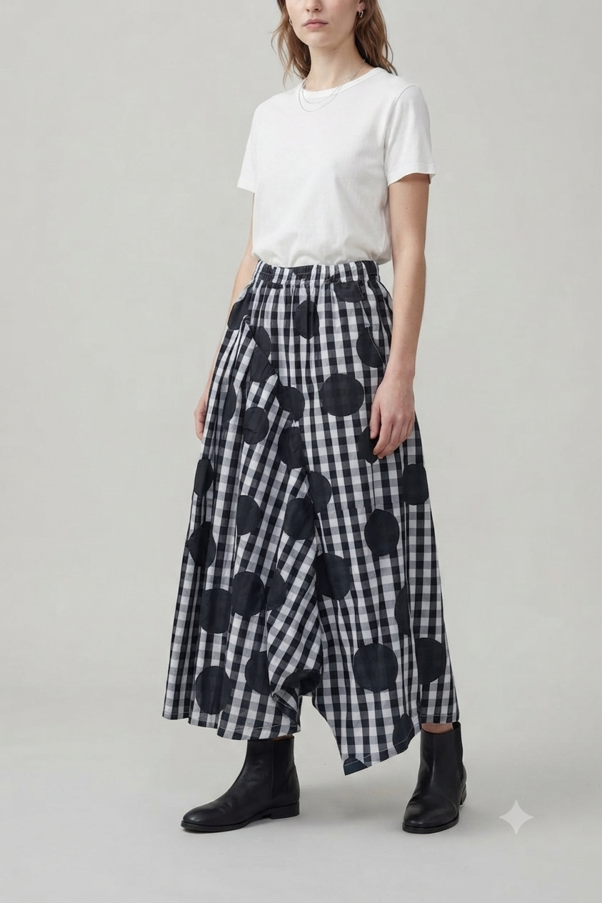 Falda Pantalón Vichy Lunares Maxi Negro Blanco | Nefelibata