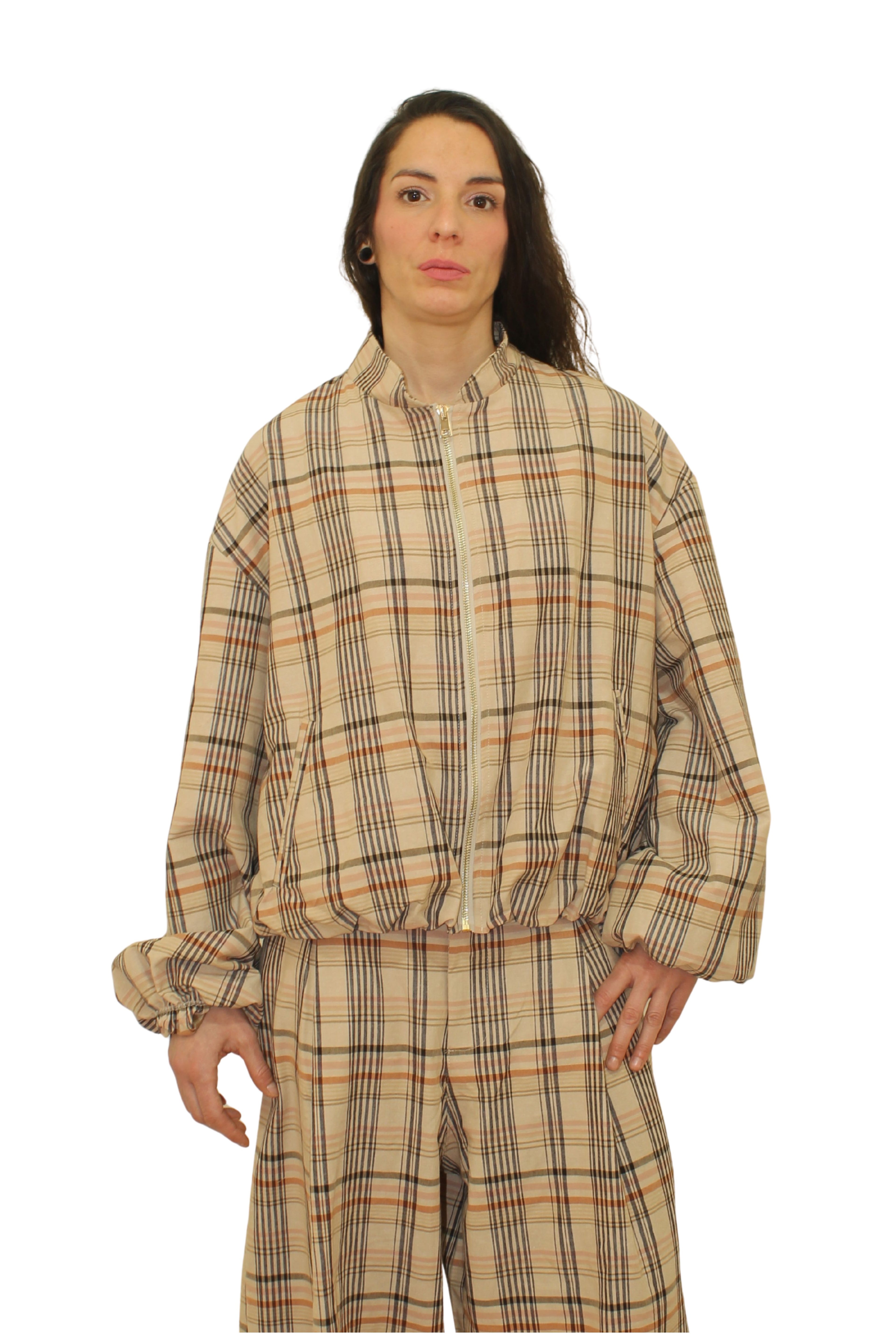 Chaqueta Bomber Cuadros Beige Jot_Madrid