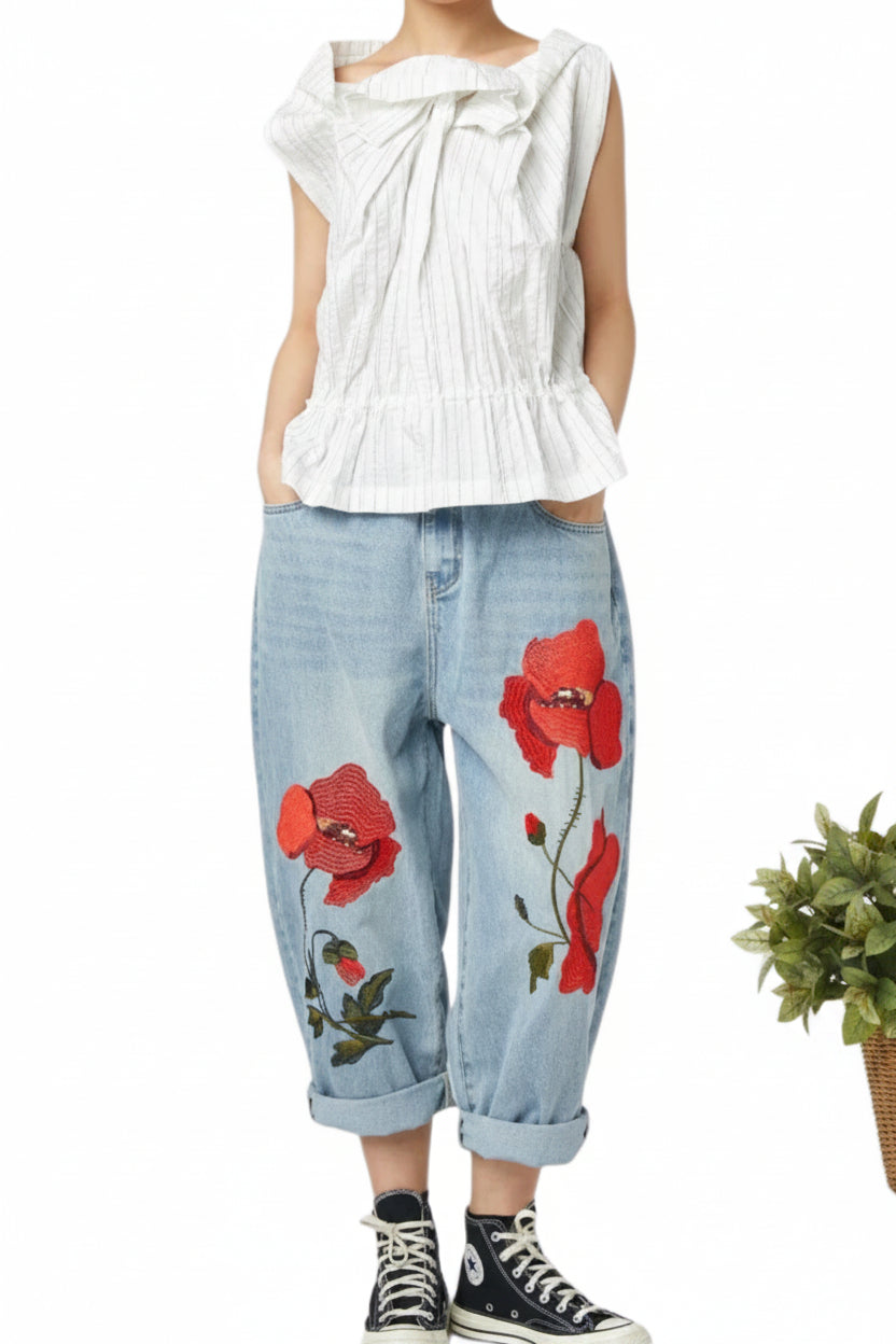 pantalon wendy trendy bordado de amapola roja