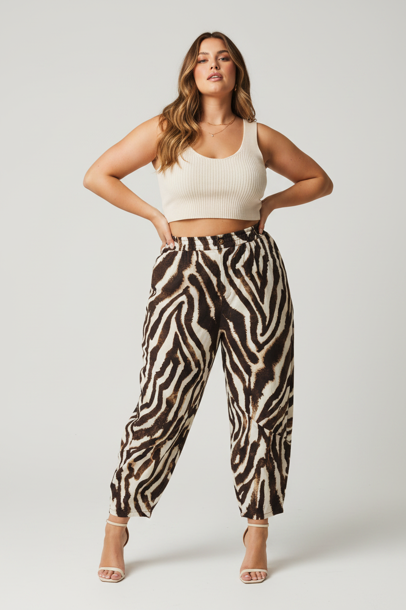 Pantaloni Barrel Globo con Stampa Zebra e Cinturilla Elastica Curvy | YOLYKKE