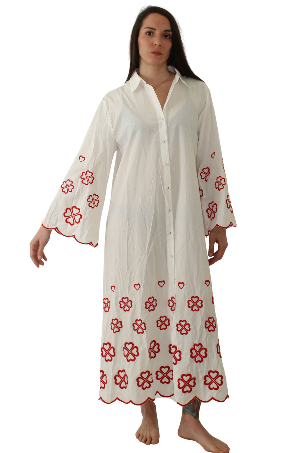 Vestido Blanco Ibicenco, Rayas Azules Bordado Flores Rojas LYKKE