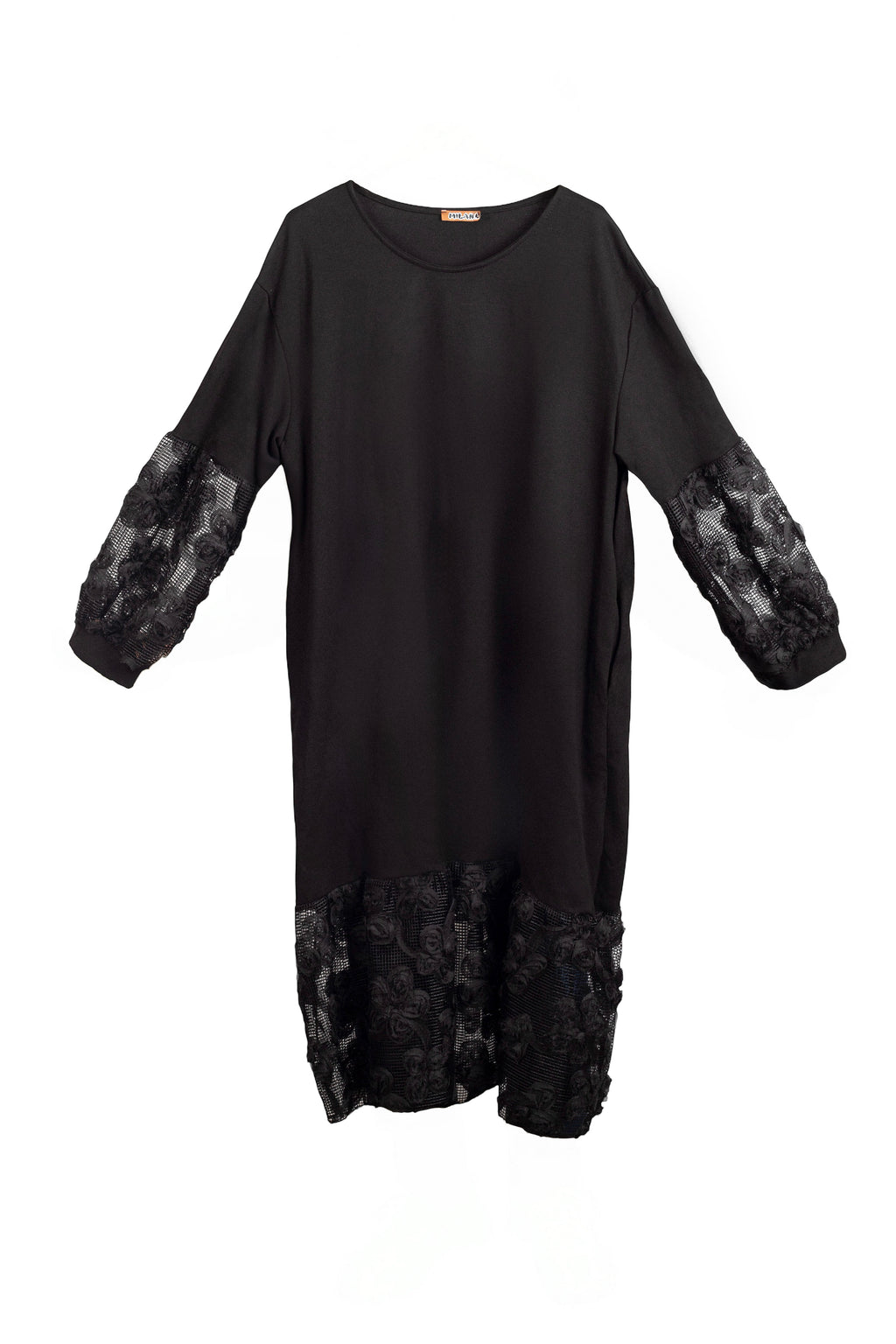 Vestido con dos tejidos en punto milano y falda de encaje con rosas bordadas todo negro LYKKE