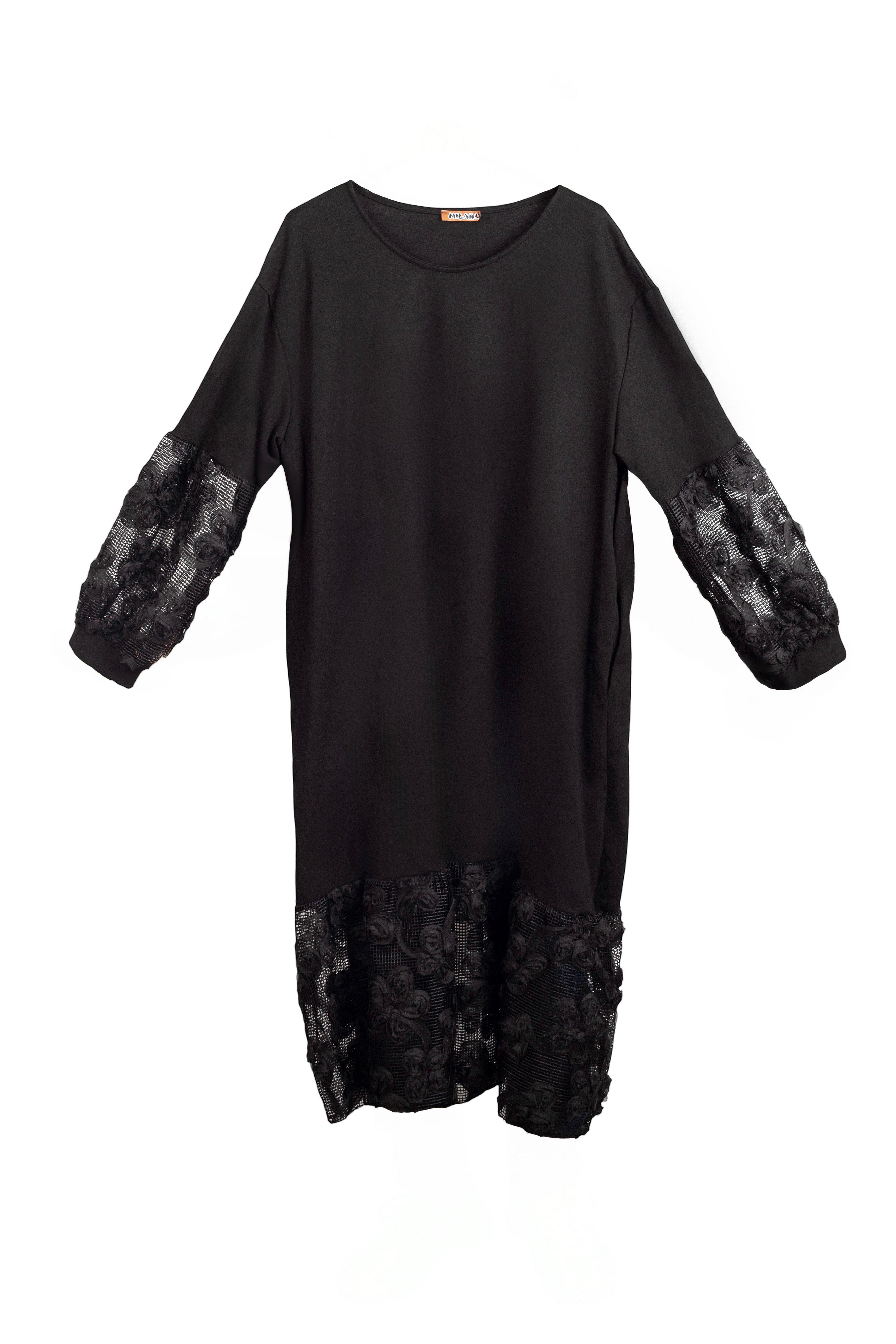 Vestido con dos tejidos en punto milano y falda de encaje con rosas bordadas todo negro LYKKE