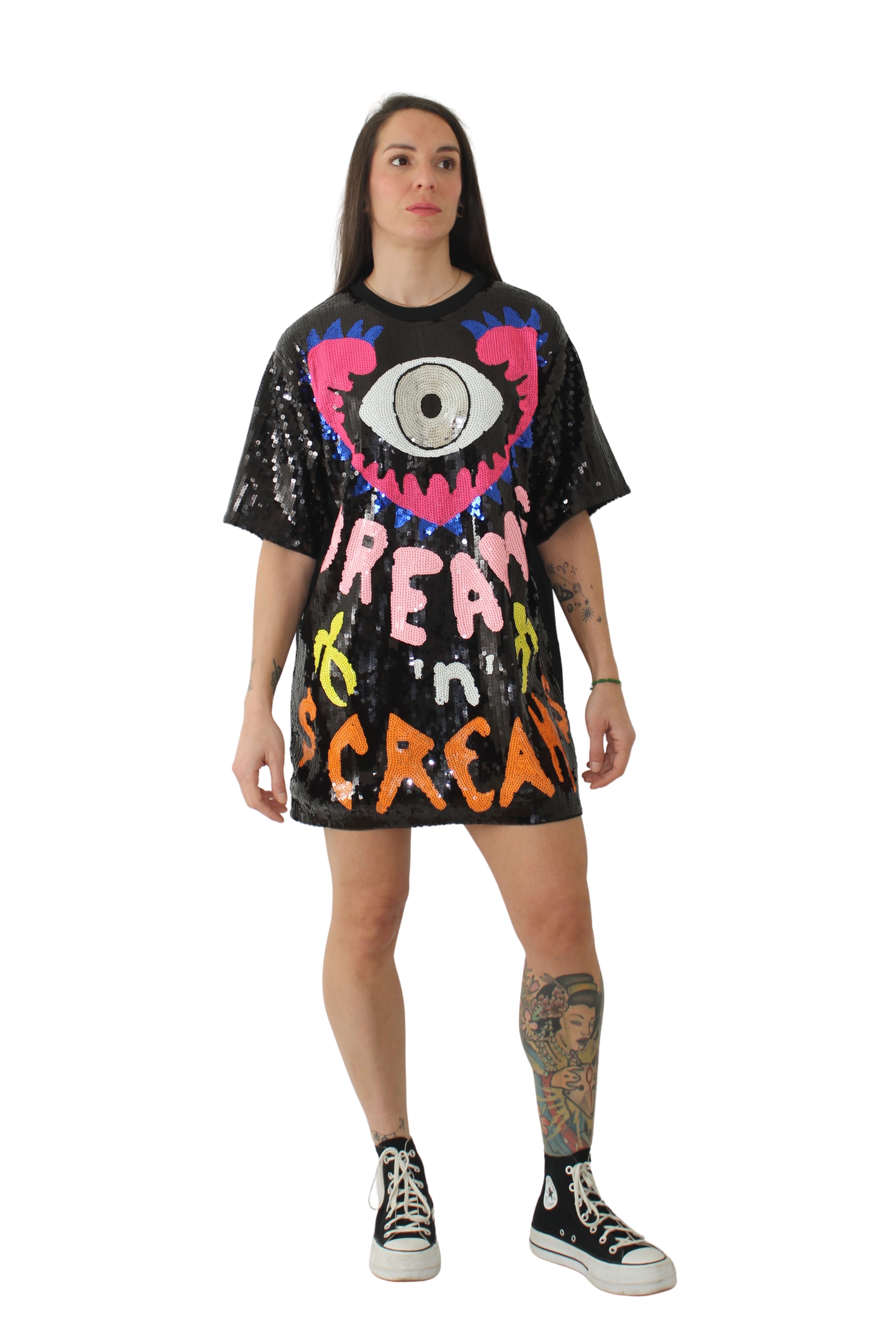 Vestido de lentejuelas negro con ojo delante de colores en blanco rosas amarillos y naranjas LYKKE