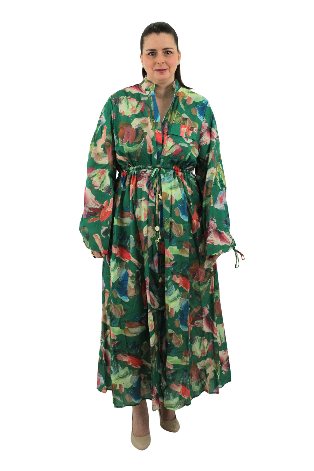 vestido verde largo floral con detalles amarillos de nefelibata