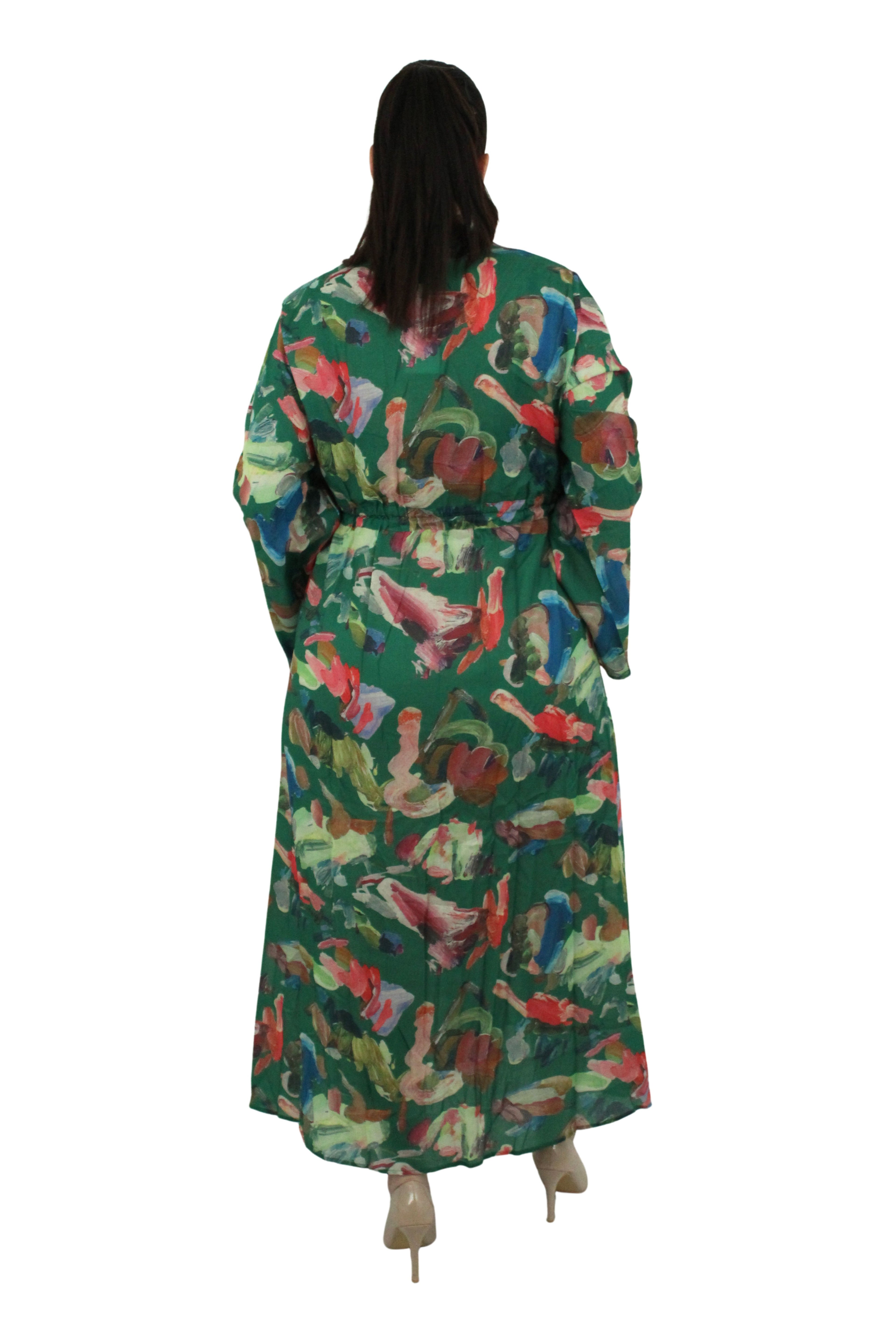 vestido nefelibata estampado floral con tonos verdes amplio con detalle cintura 